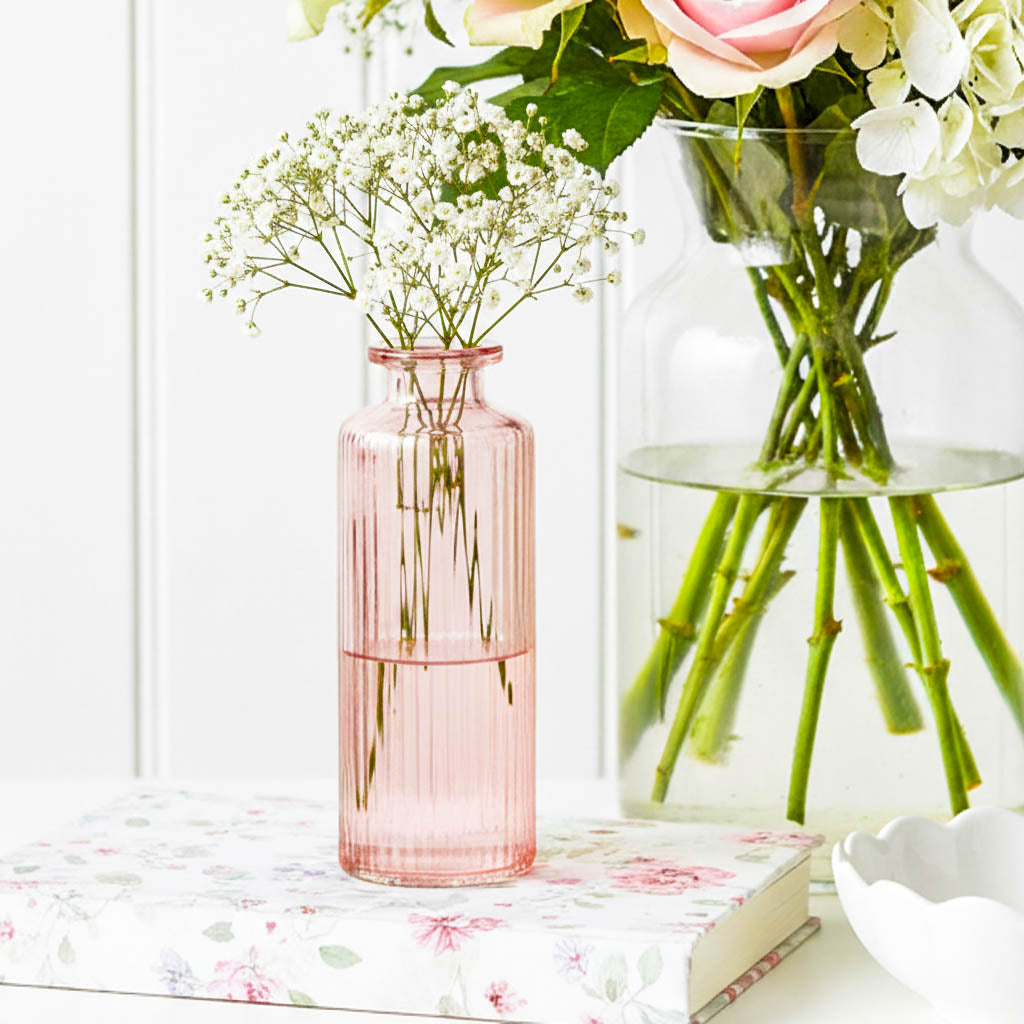 Vintage Rose Ribbed Glass Slim Bud Vase