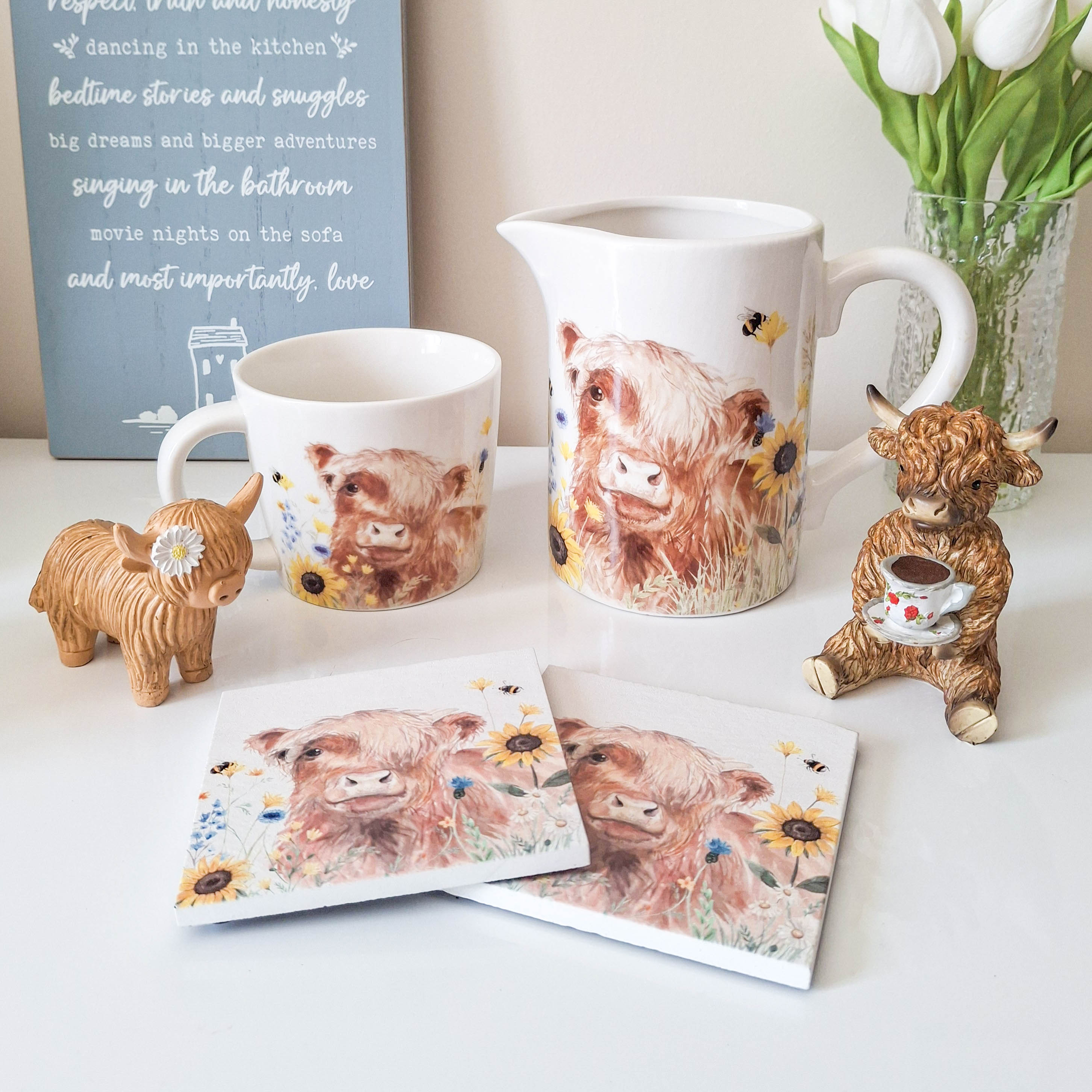 Floral Highland Cow Coasters Set of 2