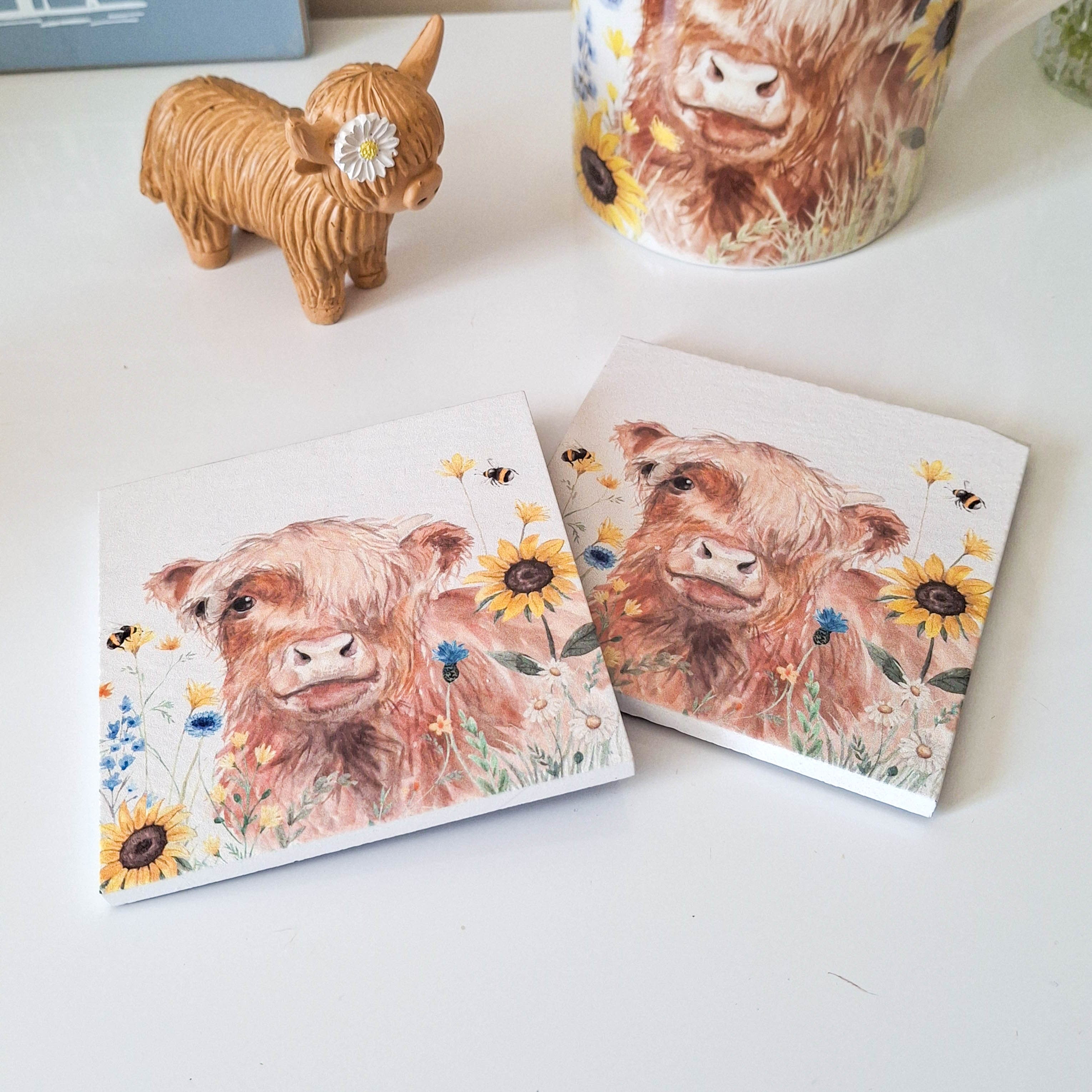 Floral Highland Cow Coasters Set of 2
