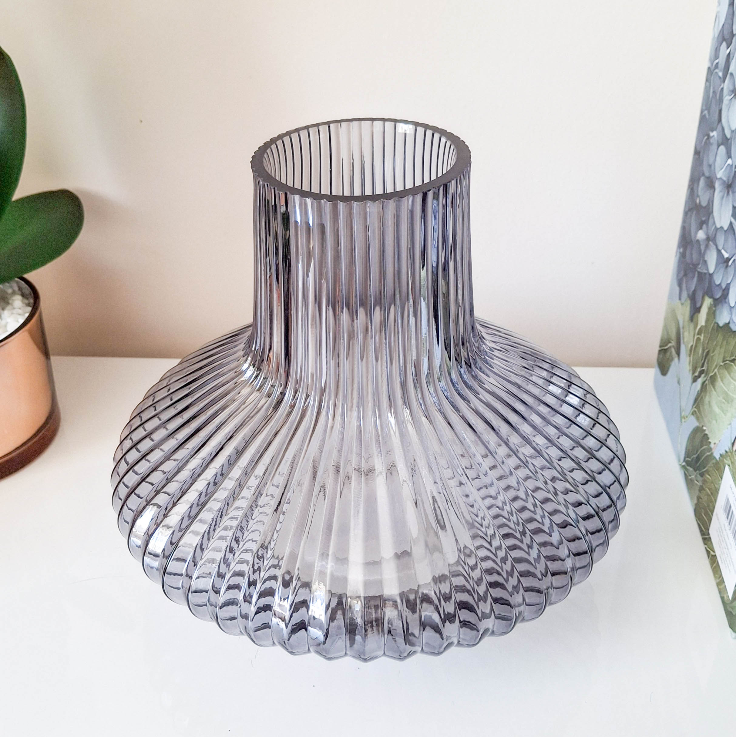 Smokey Blue Ridged Glass Bottle Vase