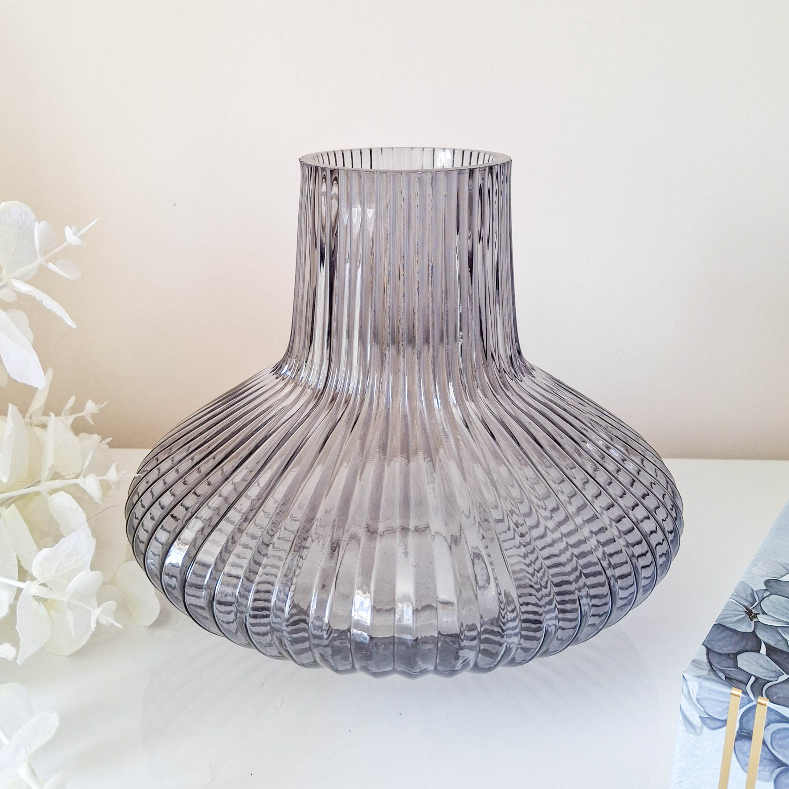 Smokey Blue Ridged Glass Bottle Vase