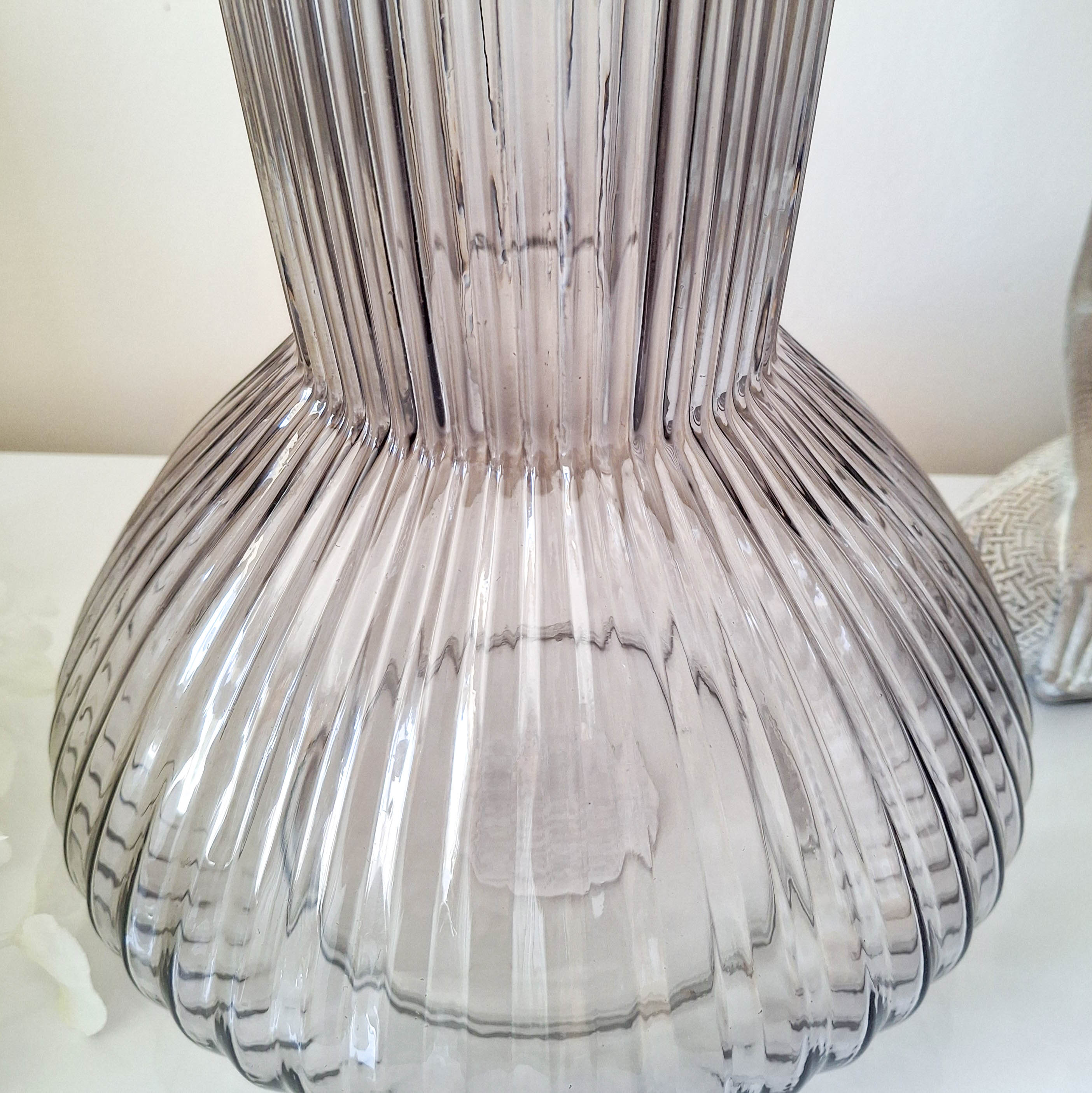 Tall Grey Ridged Glass Bottle Vase