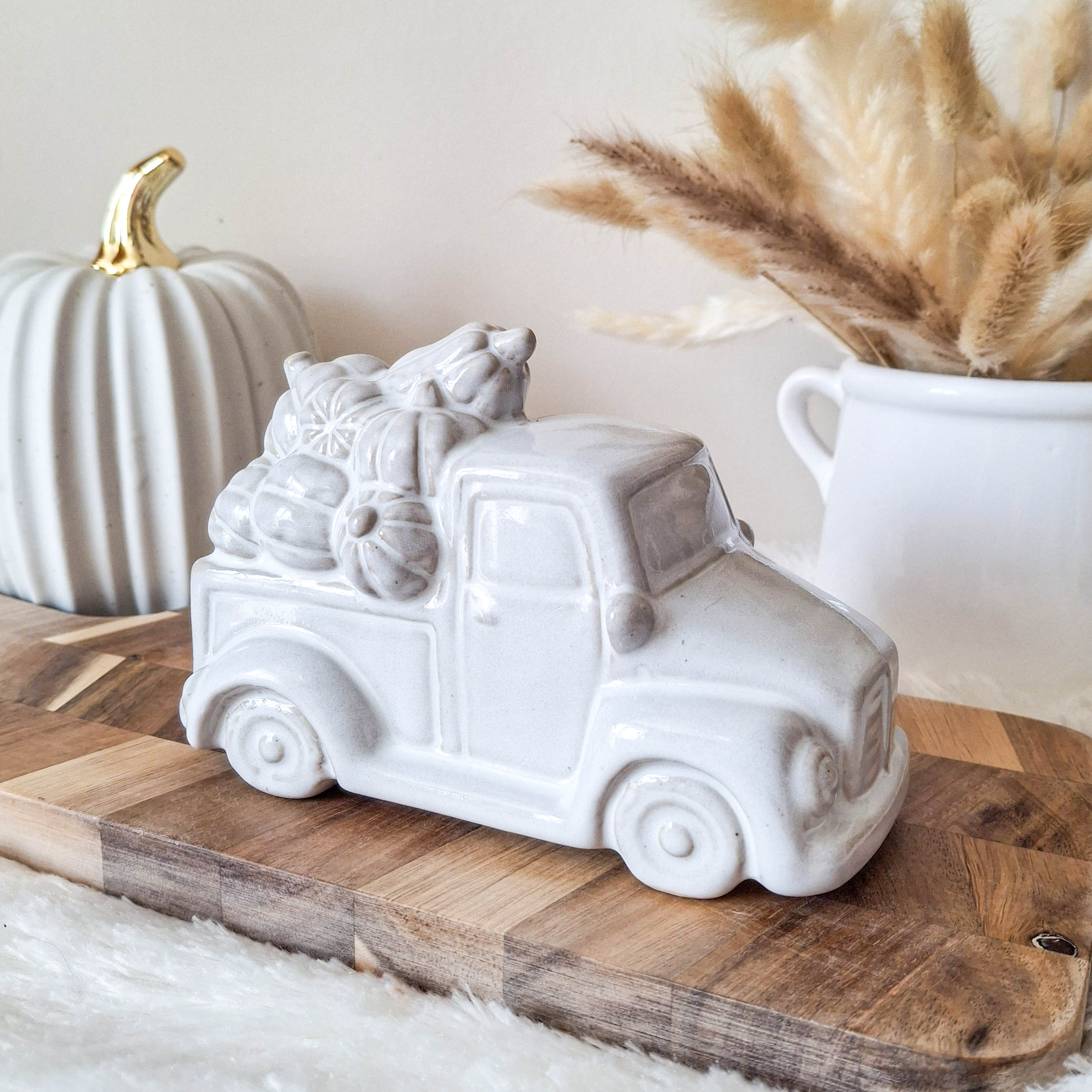 Glazed Ceramic Truck with Pumpkins Ornament