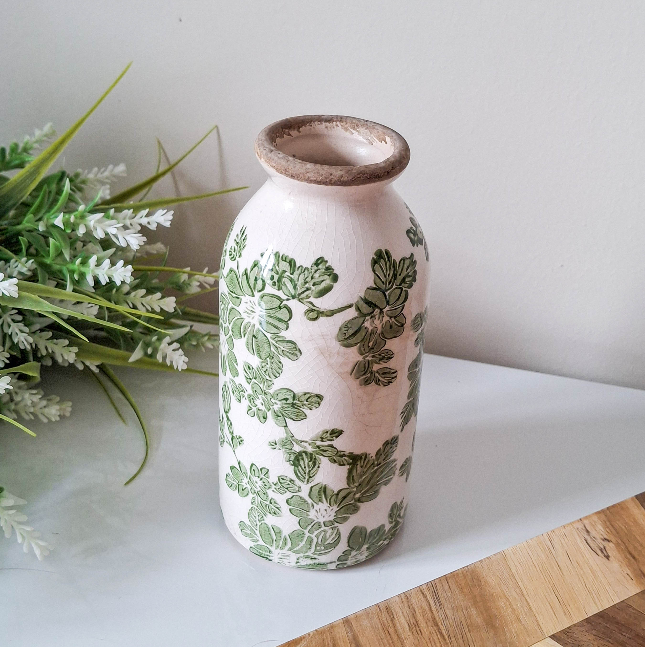 Green Clematis Crackle Bottle Vase