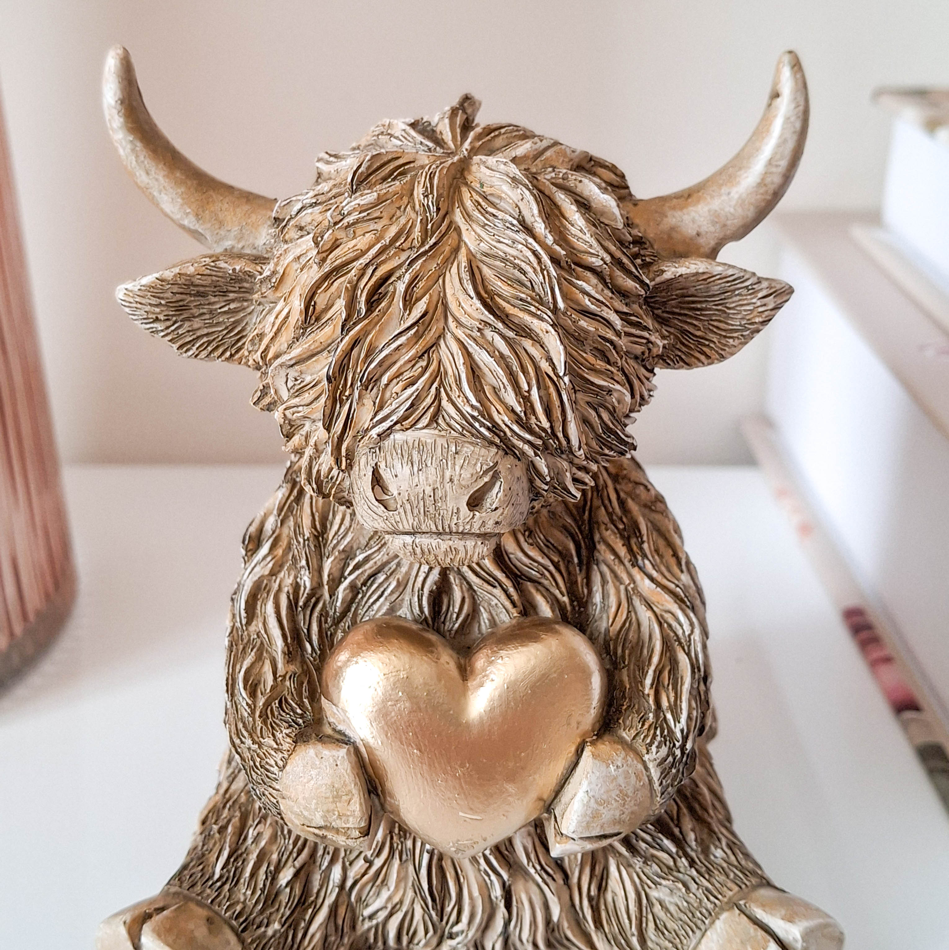 Gold Heart Happy Highland Cow Figurine