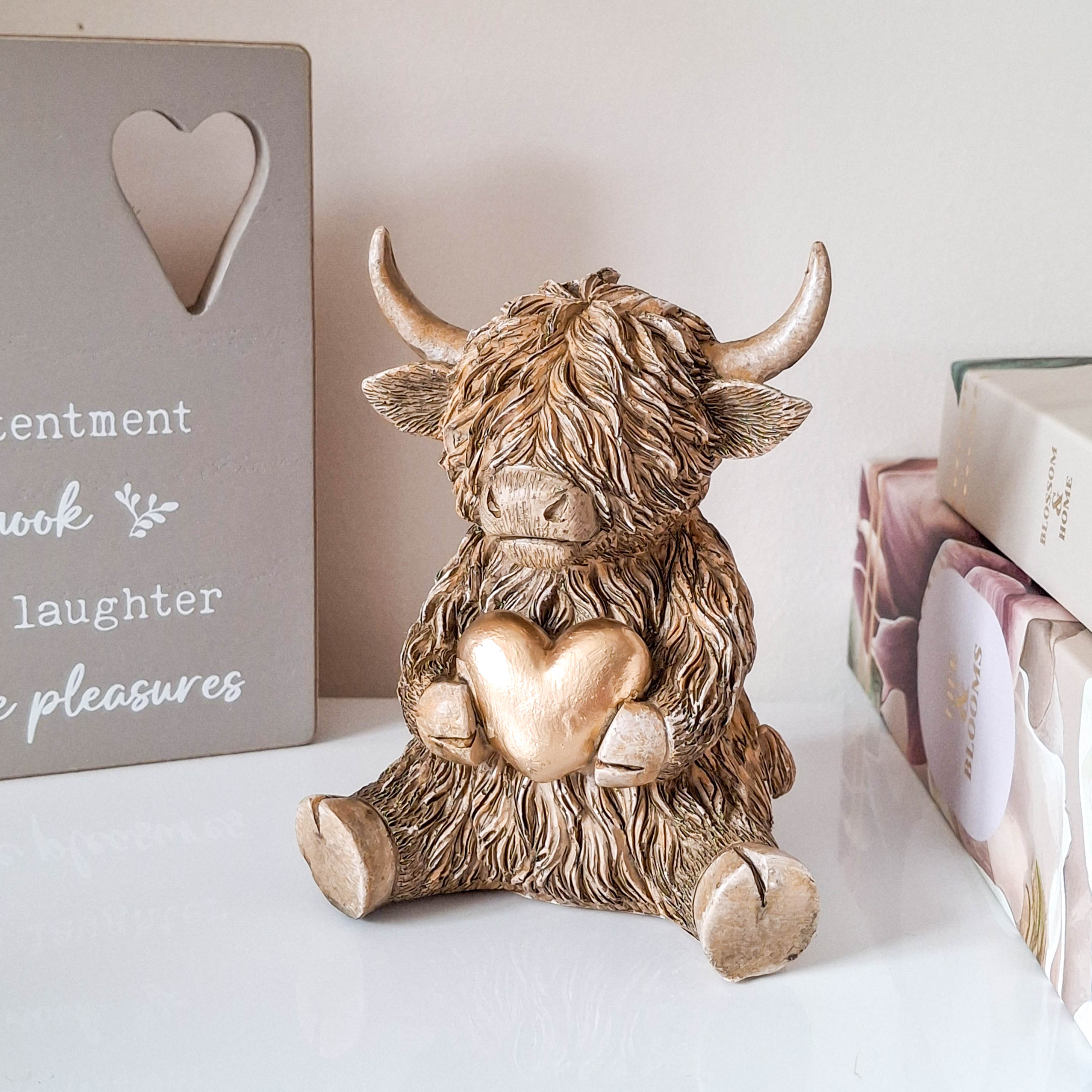 Gold Heart Happy Highland Cow Figurine