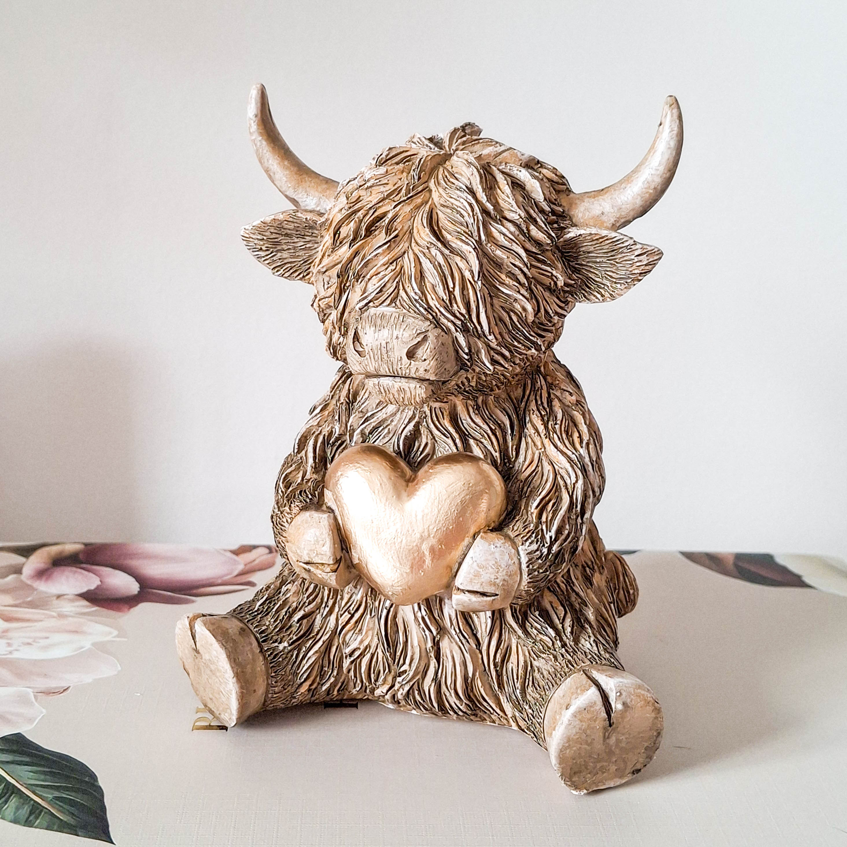 Gold Heart Happy Highland Cow Figurine