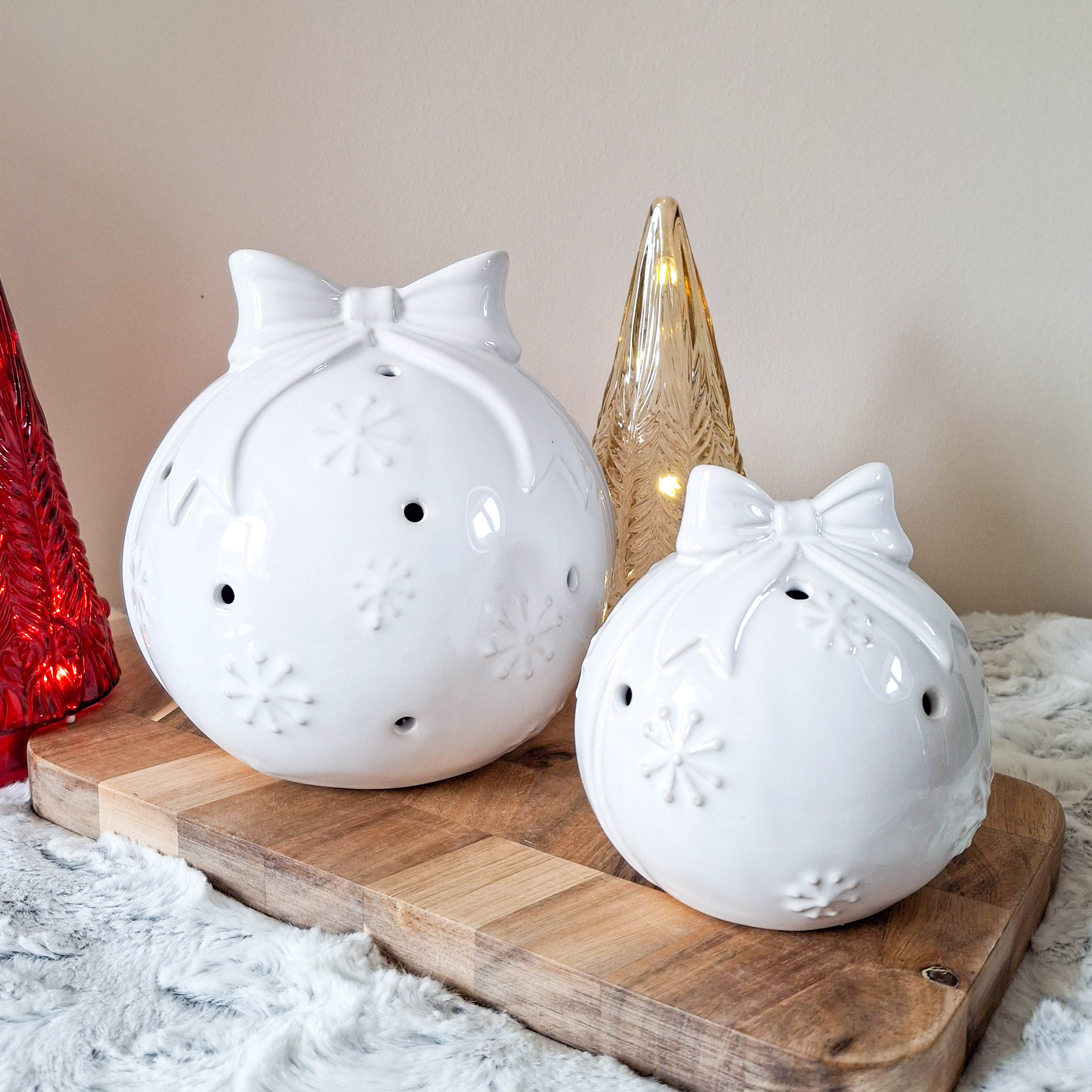 Glazed Ceramic LED Snowflake Bauble with Bow