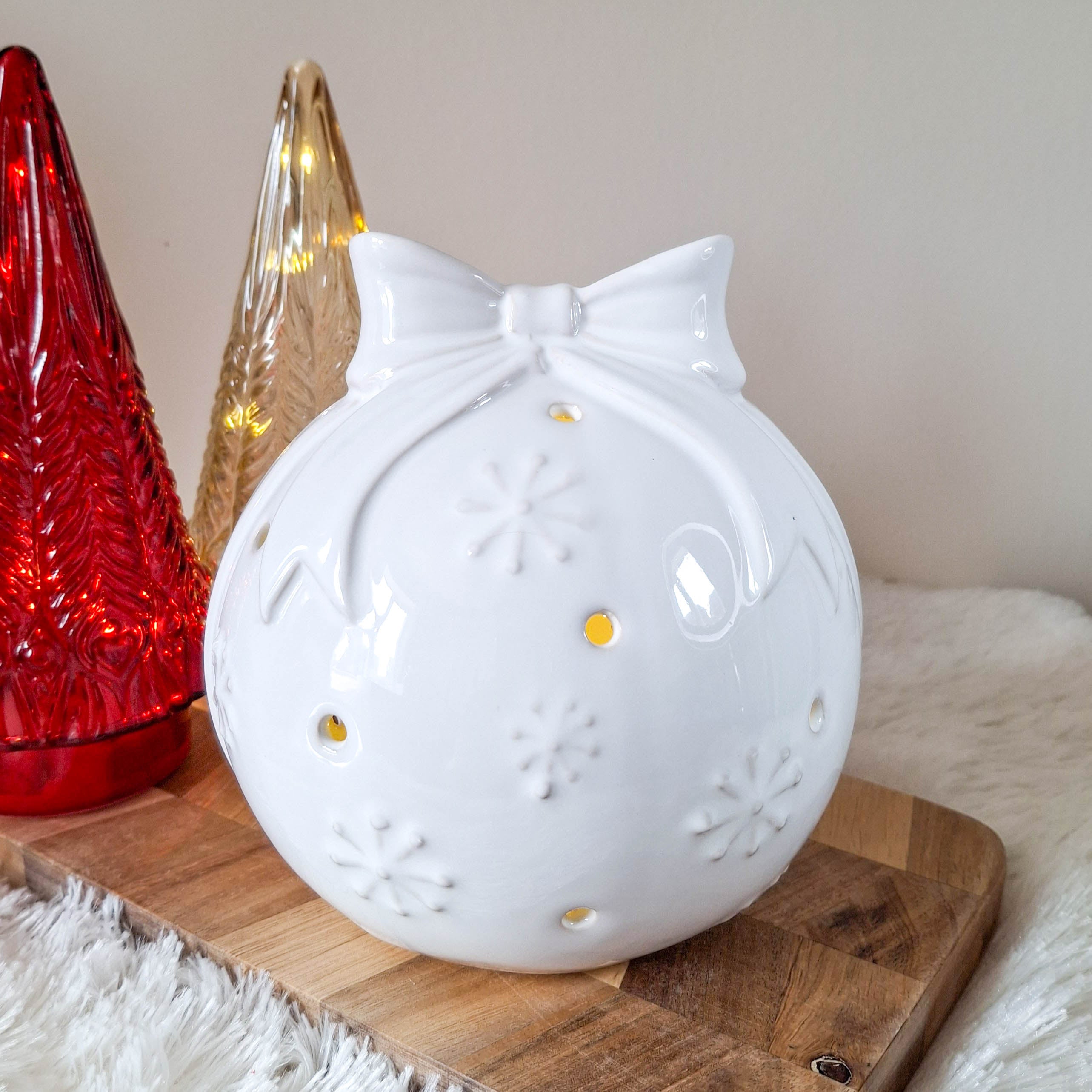 Glazed Ceramic LED Snowflake Bauble with Bow