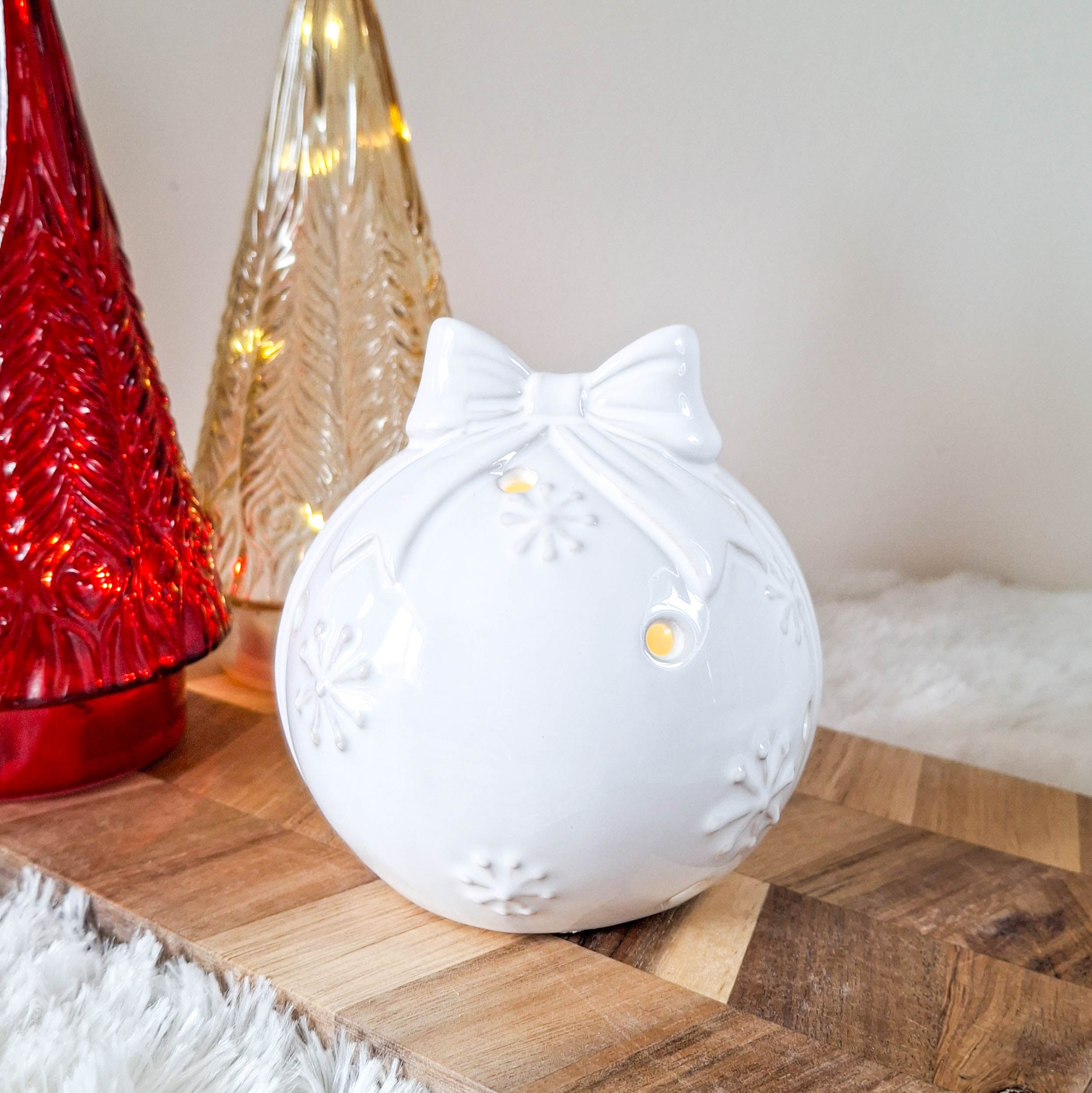 Glazed Ceramic LED Snowflake Bauble with Bow