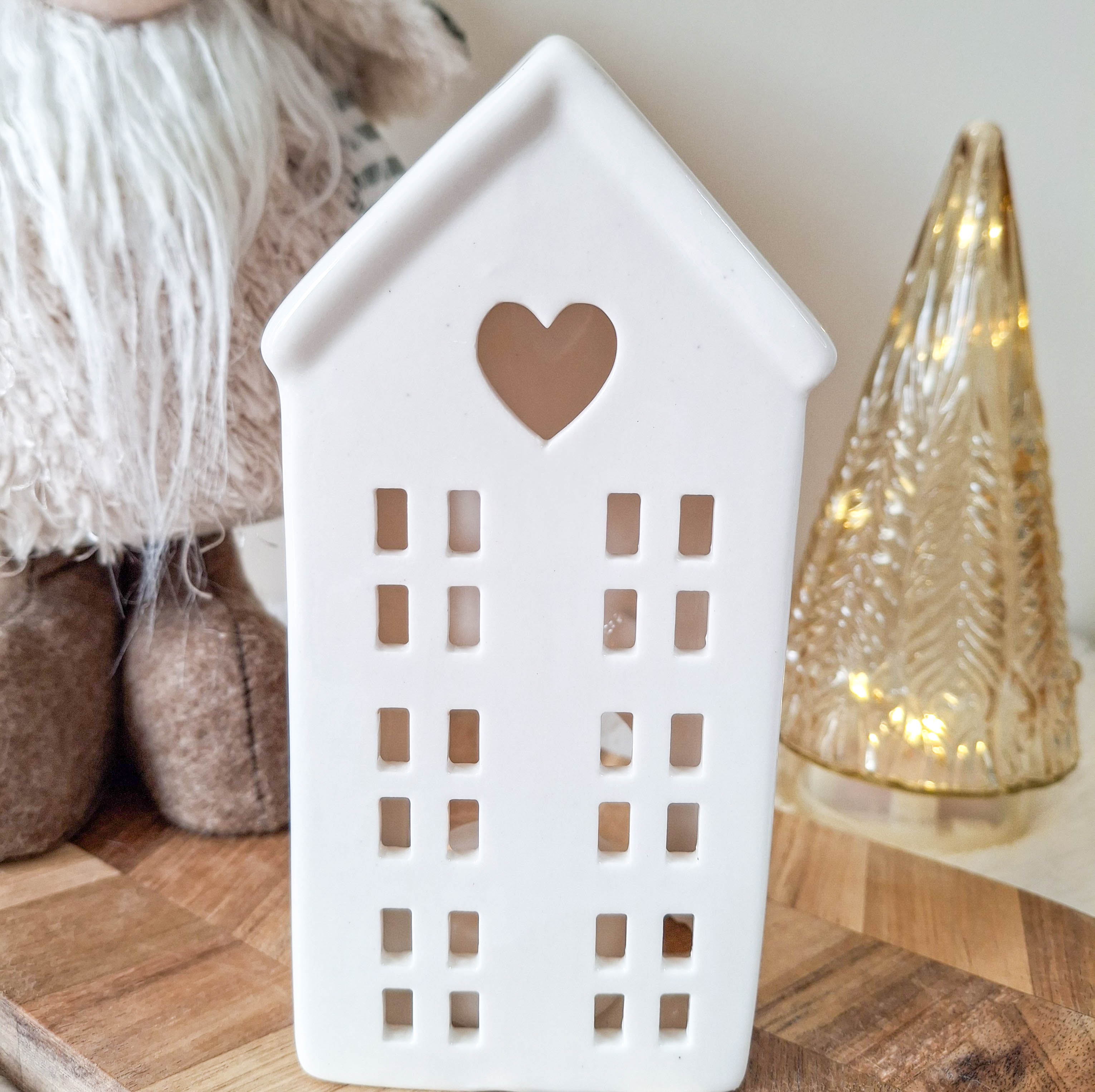 White Ceramic Heart LED House