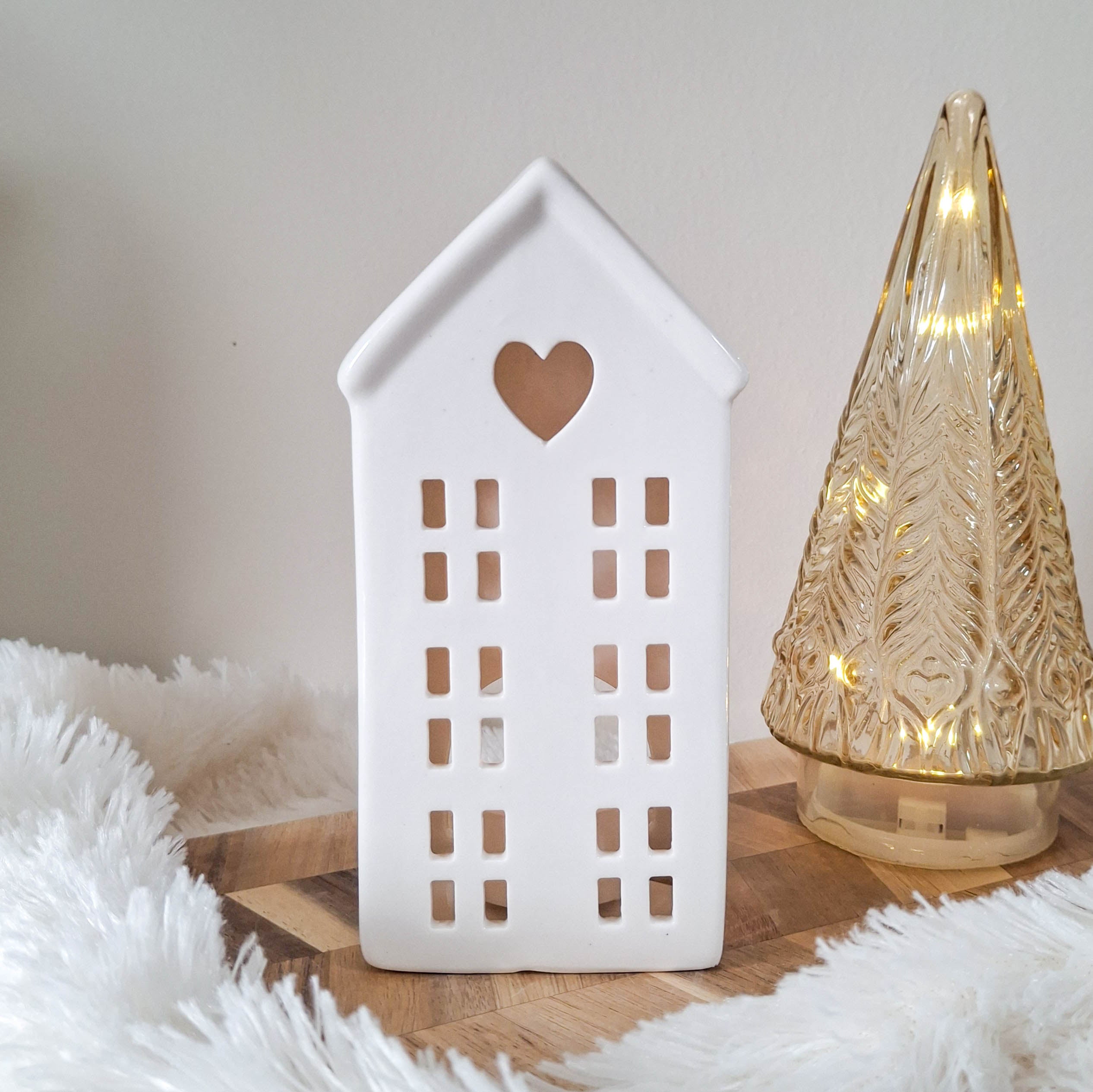 White Ceramic Heart LED House
