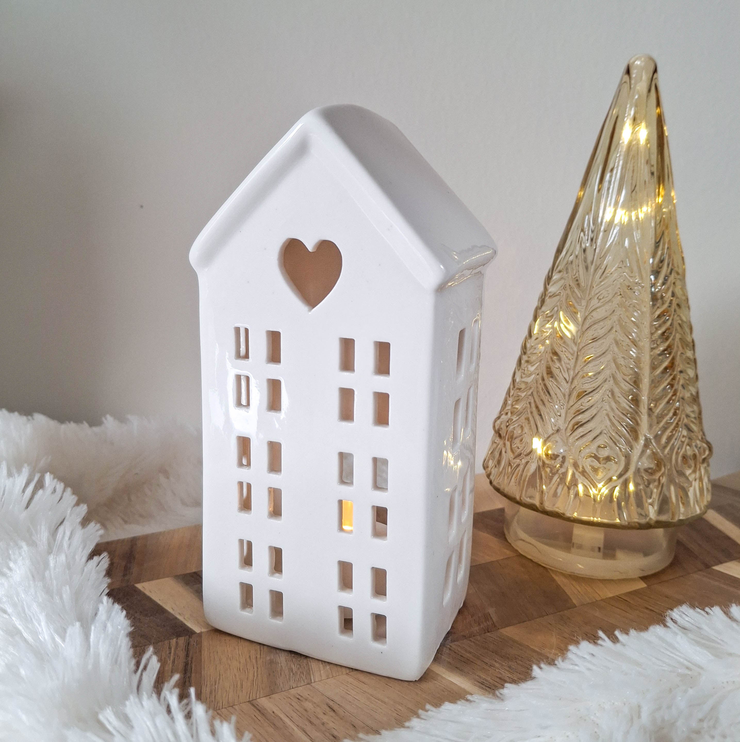 White Ceramic Heart LED House