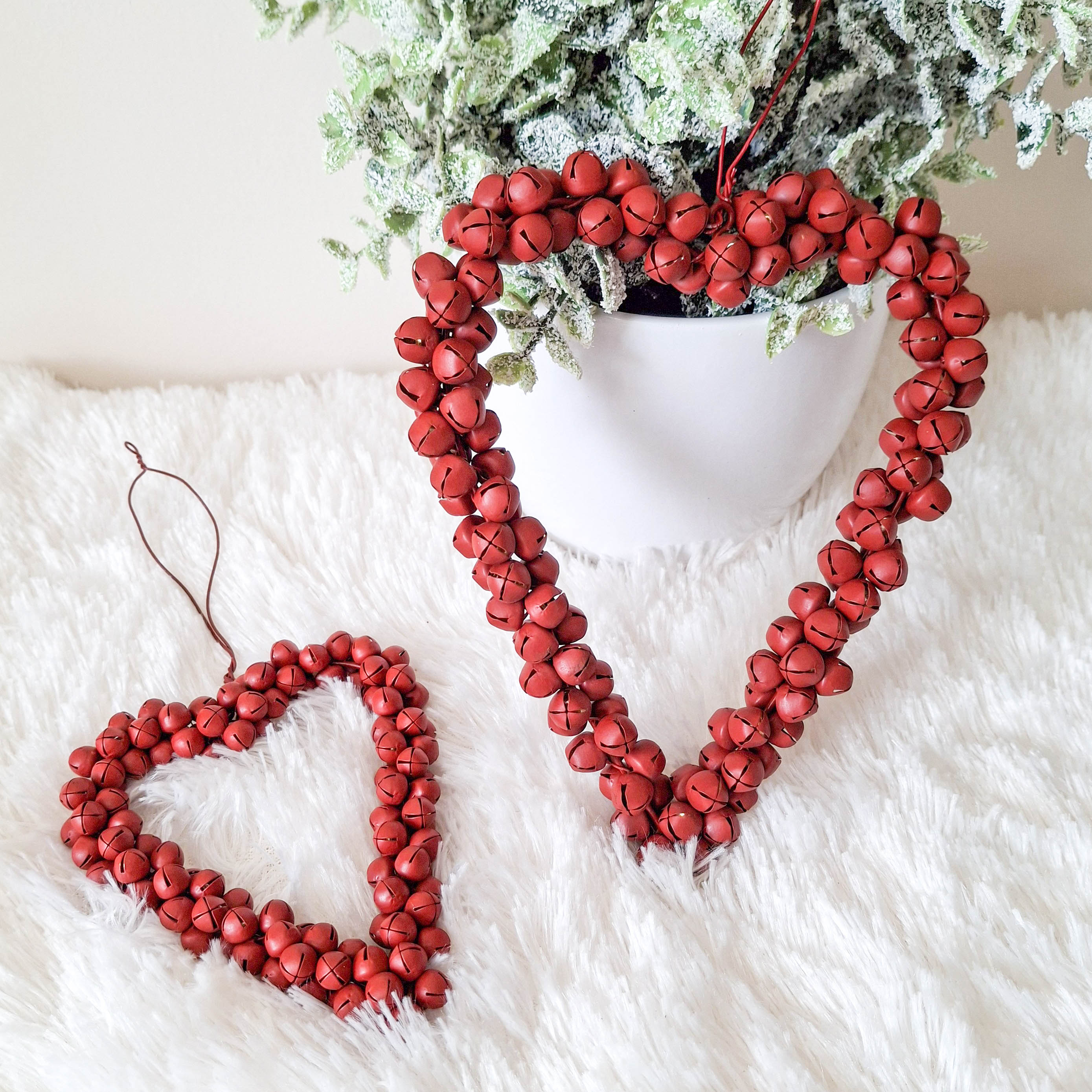 Set of 2 Red Jingle Bell Heart Hangers