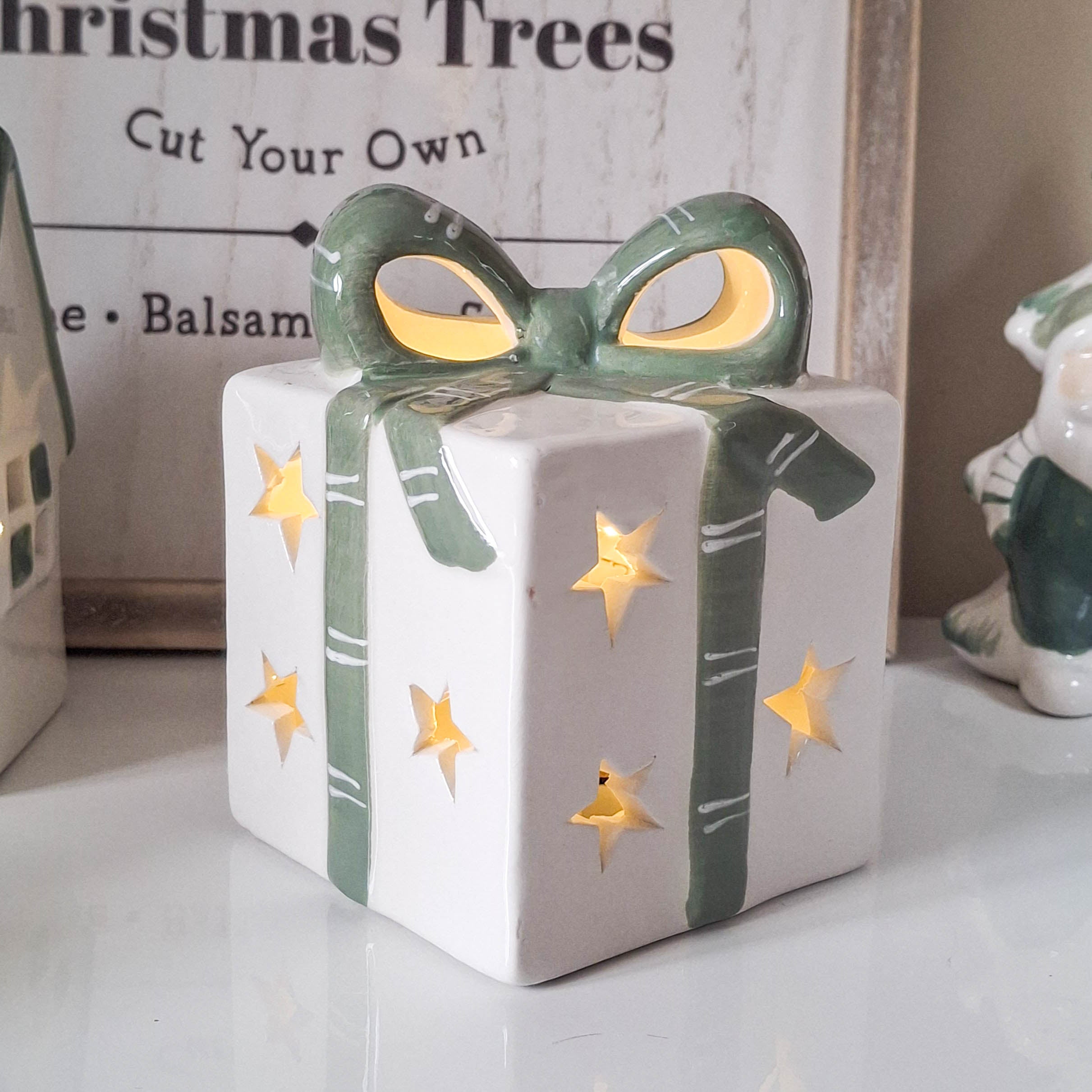 White & Green Bow LED Gift Ornament