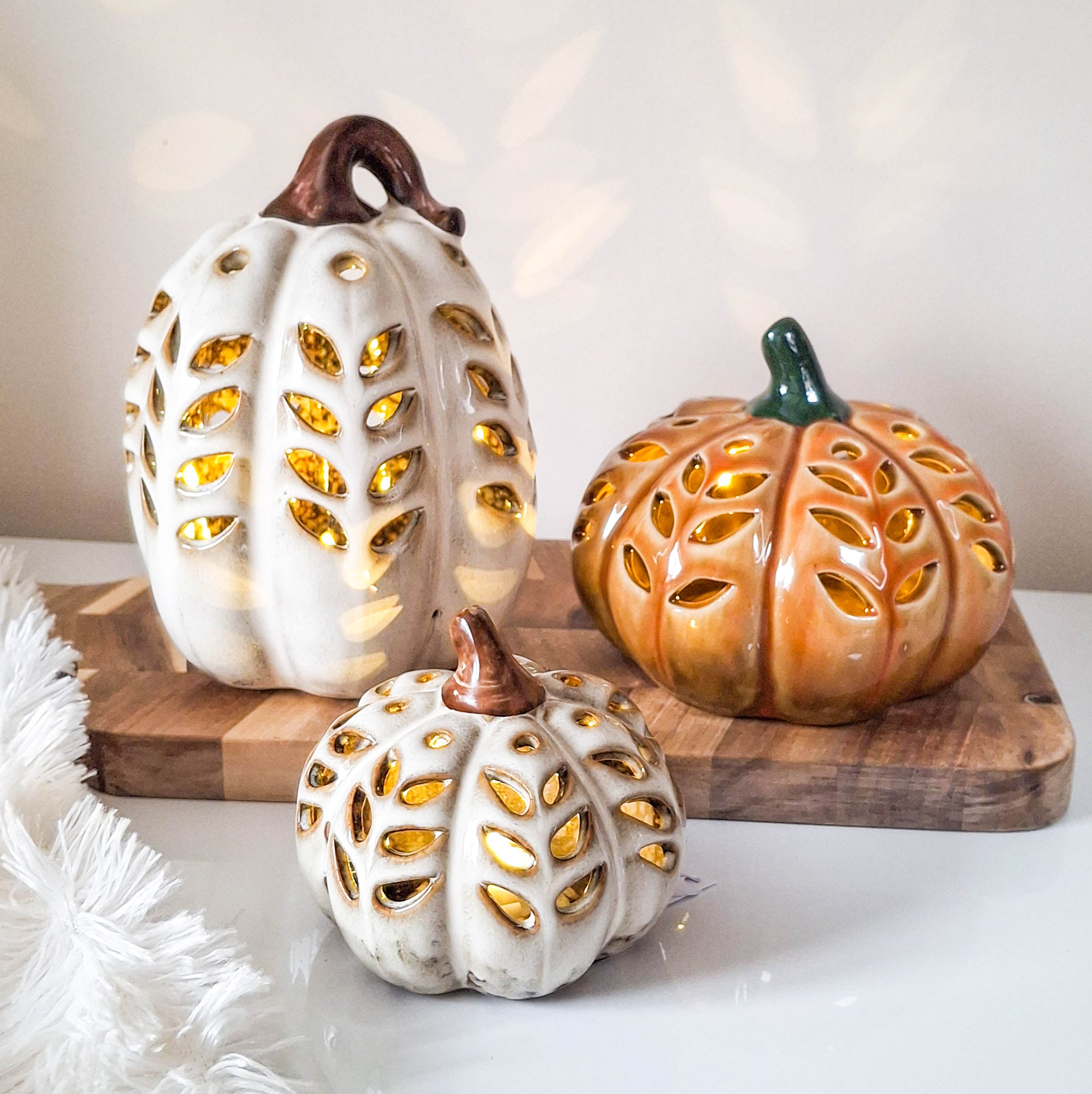 Cream Cutout Ceramic LED Pumpkin