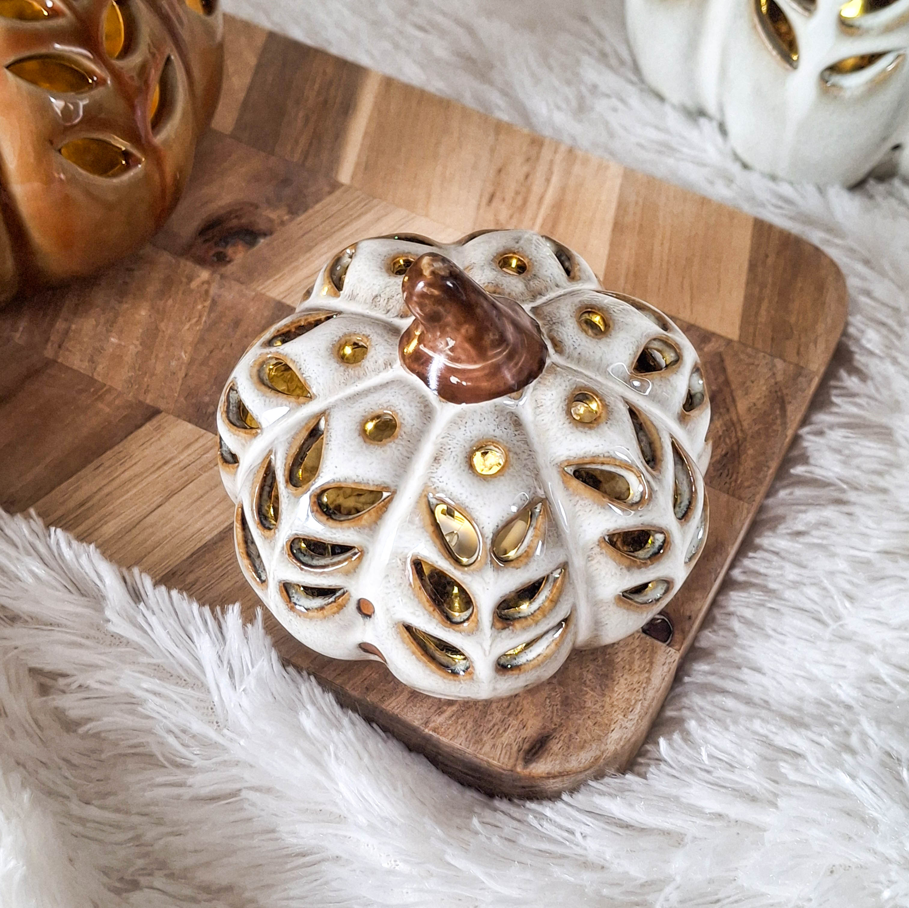 Cream Cutout Ceramic LED Pumpkin
