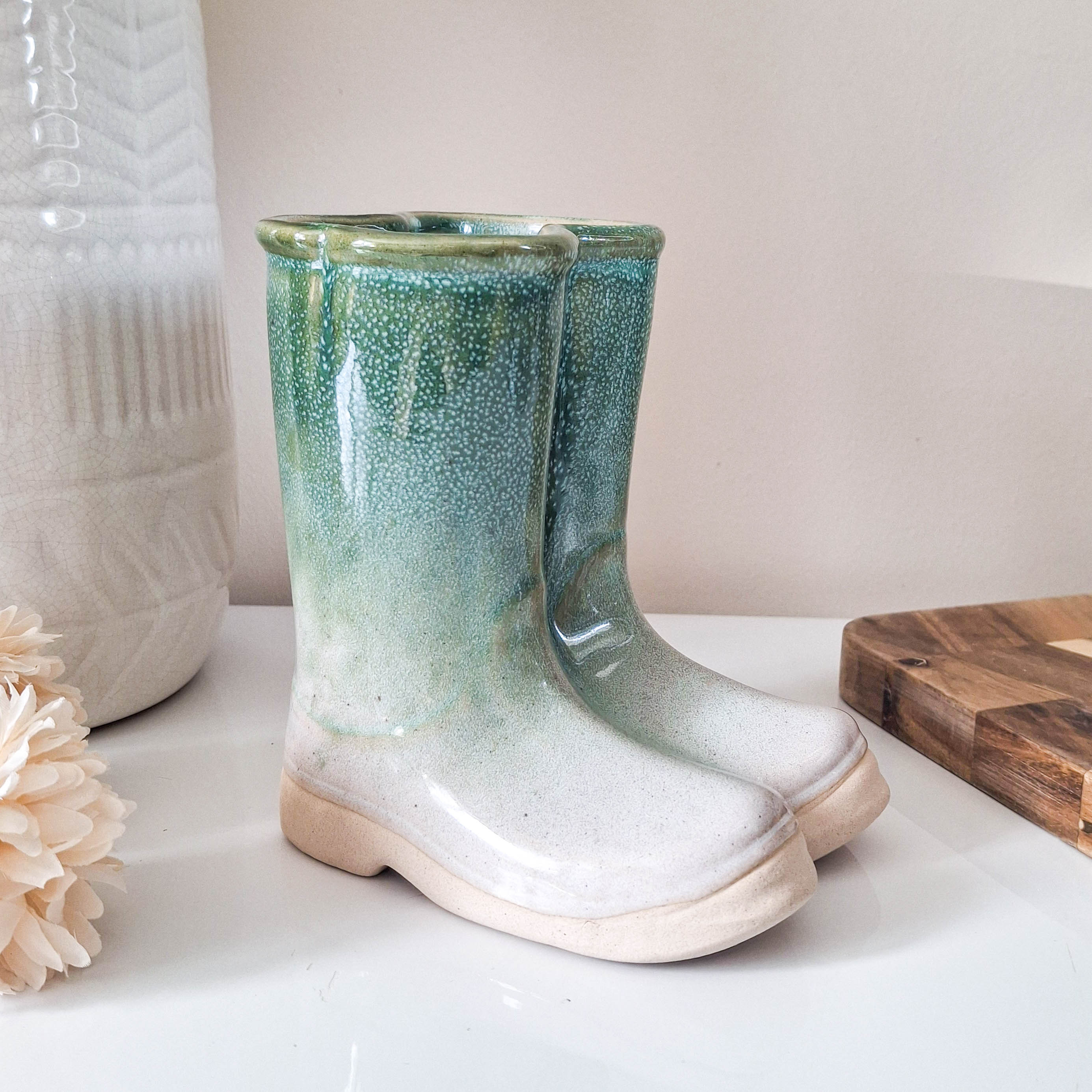 Small Green Ceramic Wellies Vase