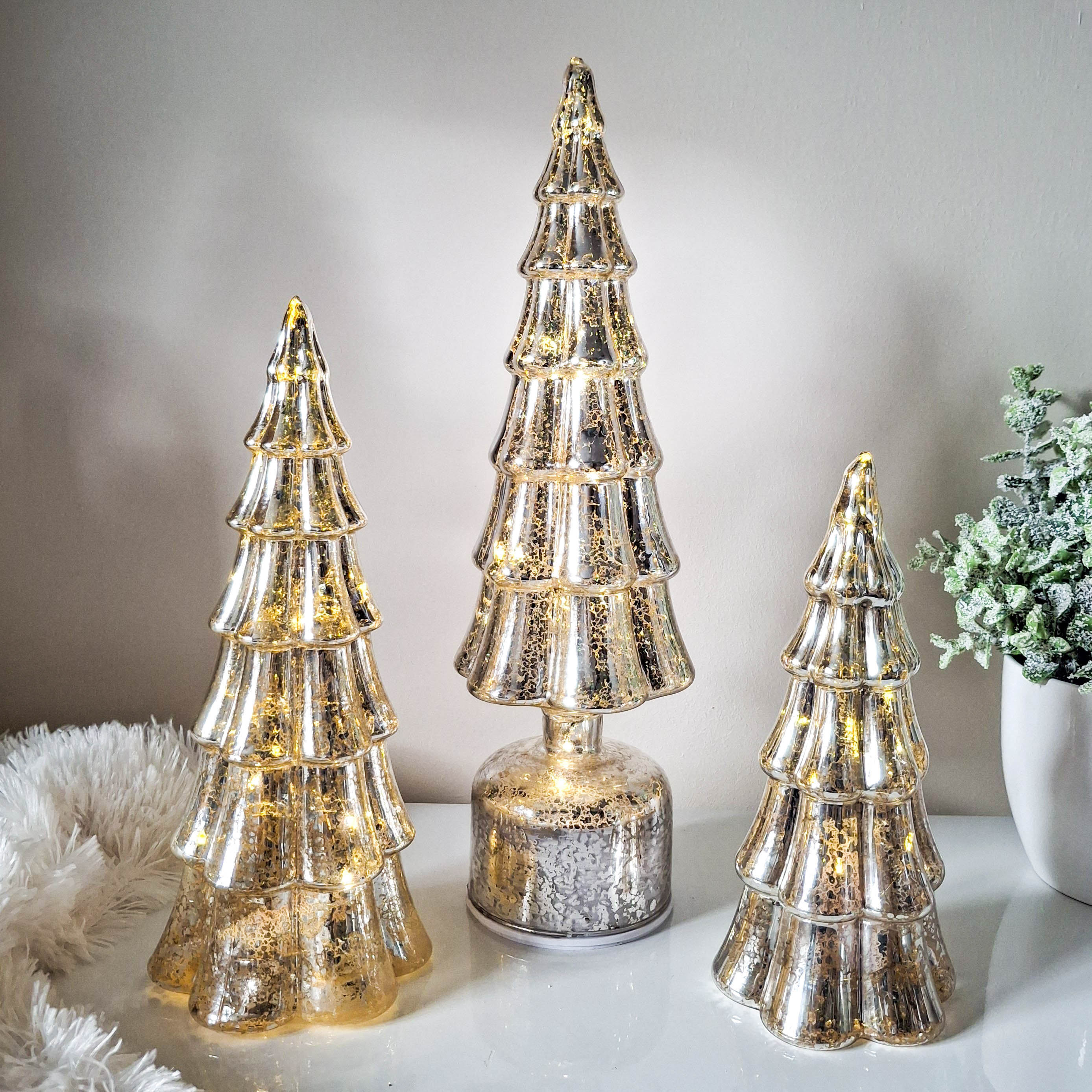 Antiqued Silver Revolving LED Glass Tree