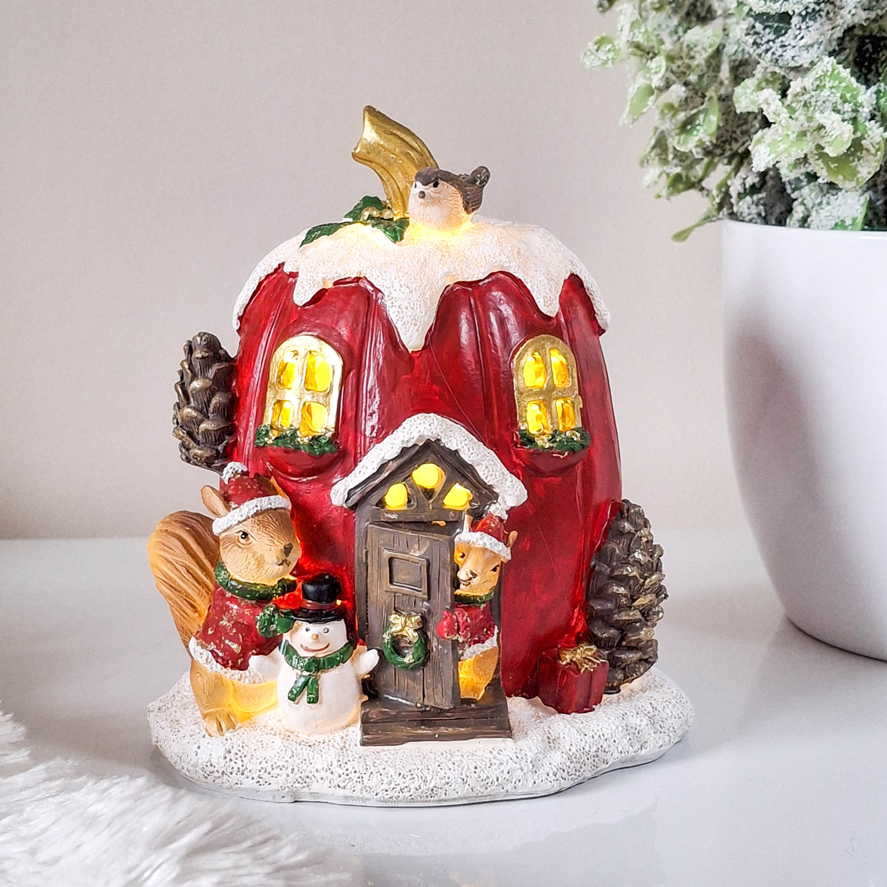 Red Christmas House with Squirrels