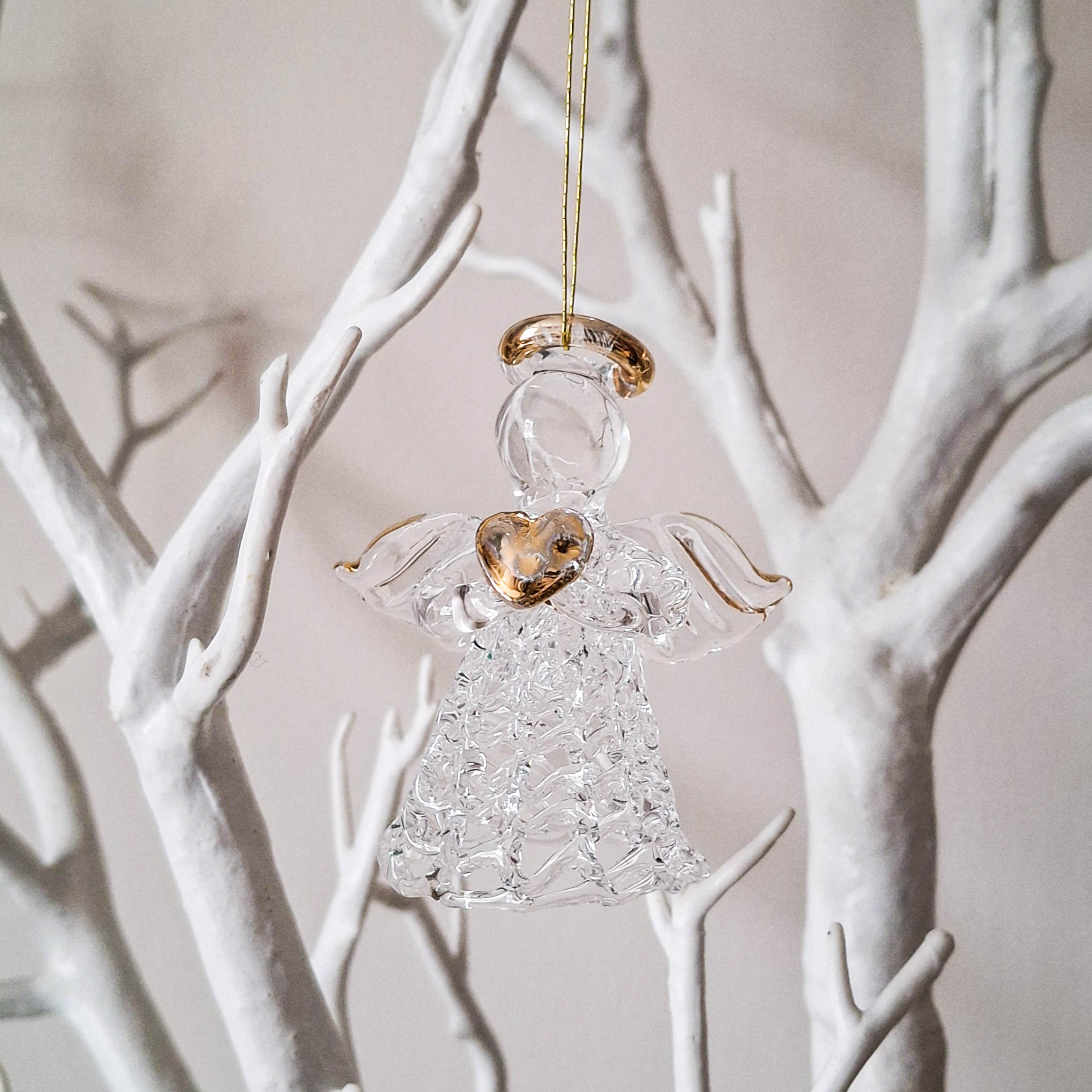 Glass Angel with Gold Heart Hanging Decoration