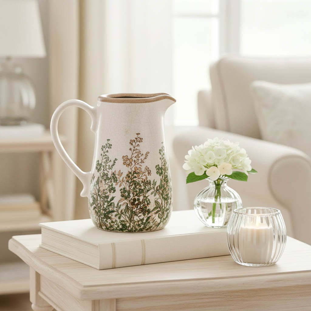 Green & Natural Leaf Crackle Jug Vase
