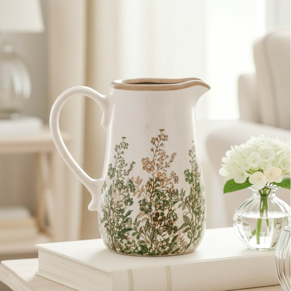 Green & Natural Leaf Crackle Jug Vase