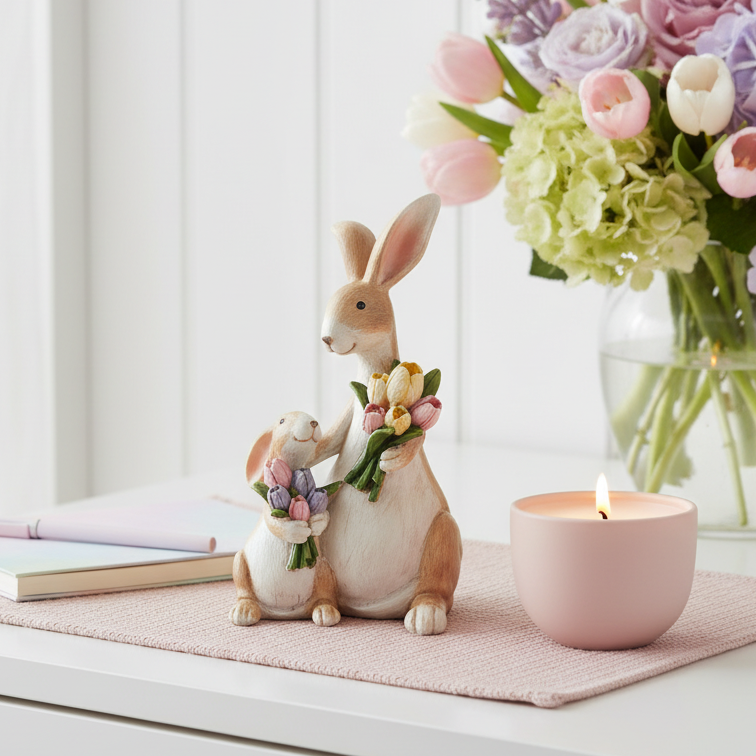 Mum & Baby Rabbit with Flowers Figurine