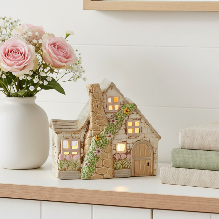 BACK MAR Cream Tealight Cottage with Chimney