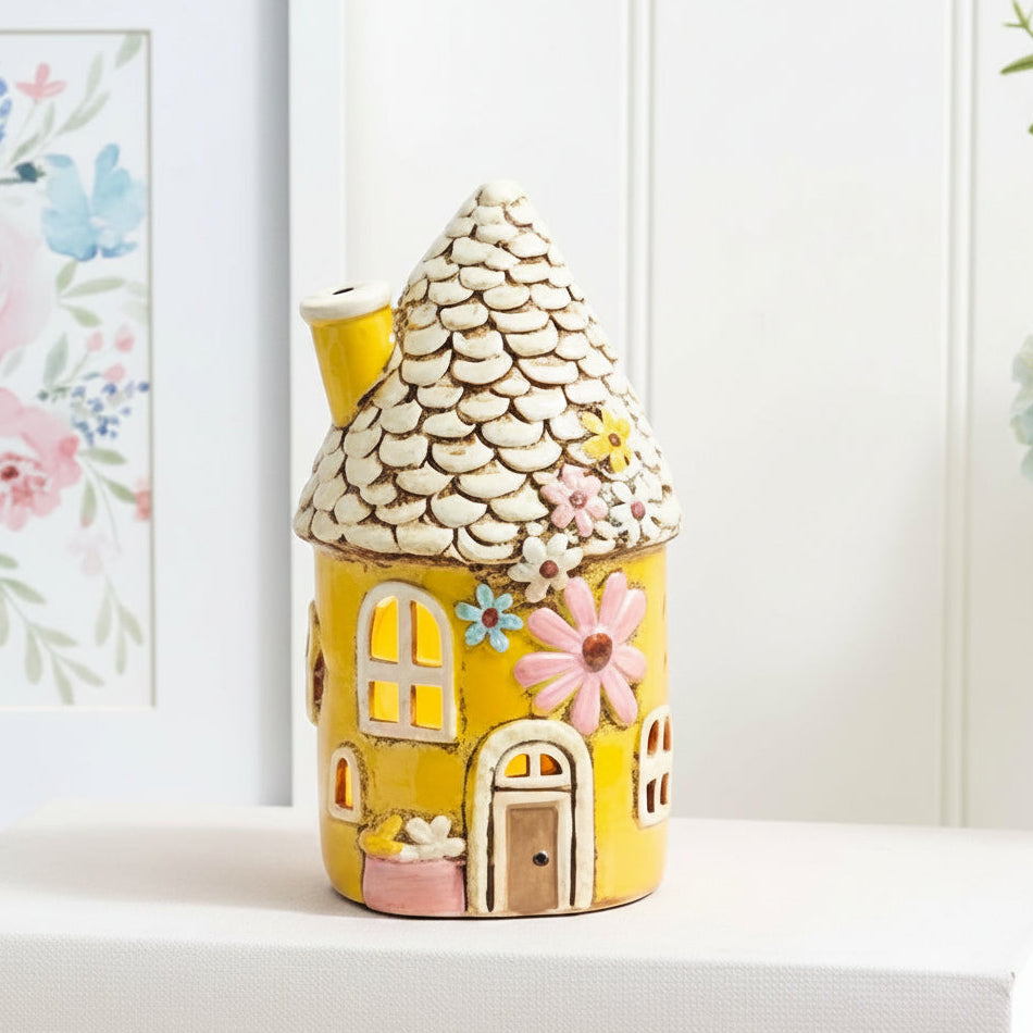 Yellow Stoneware Fairy Tealight Cottage