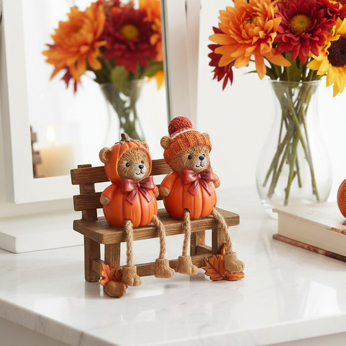 Mini Autumn Bears Sitting on Bench