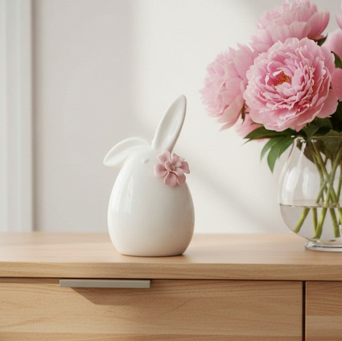 White Spring Bunny with Pink Flower