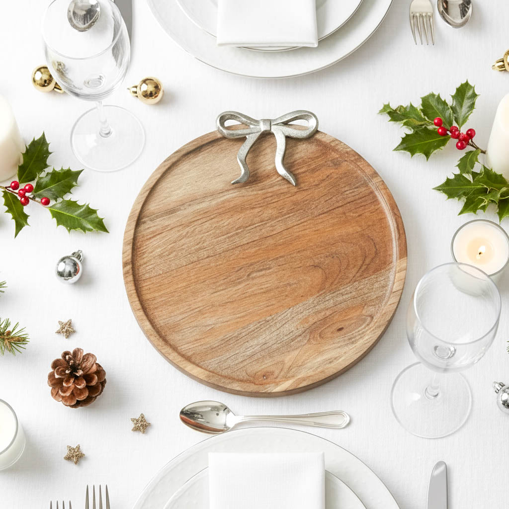 Round Wooden Styling Serving Board with Silver Bow 31cm