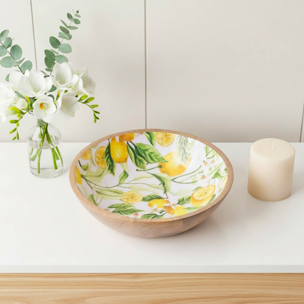 Lemon Print Mango Wood Bowl