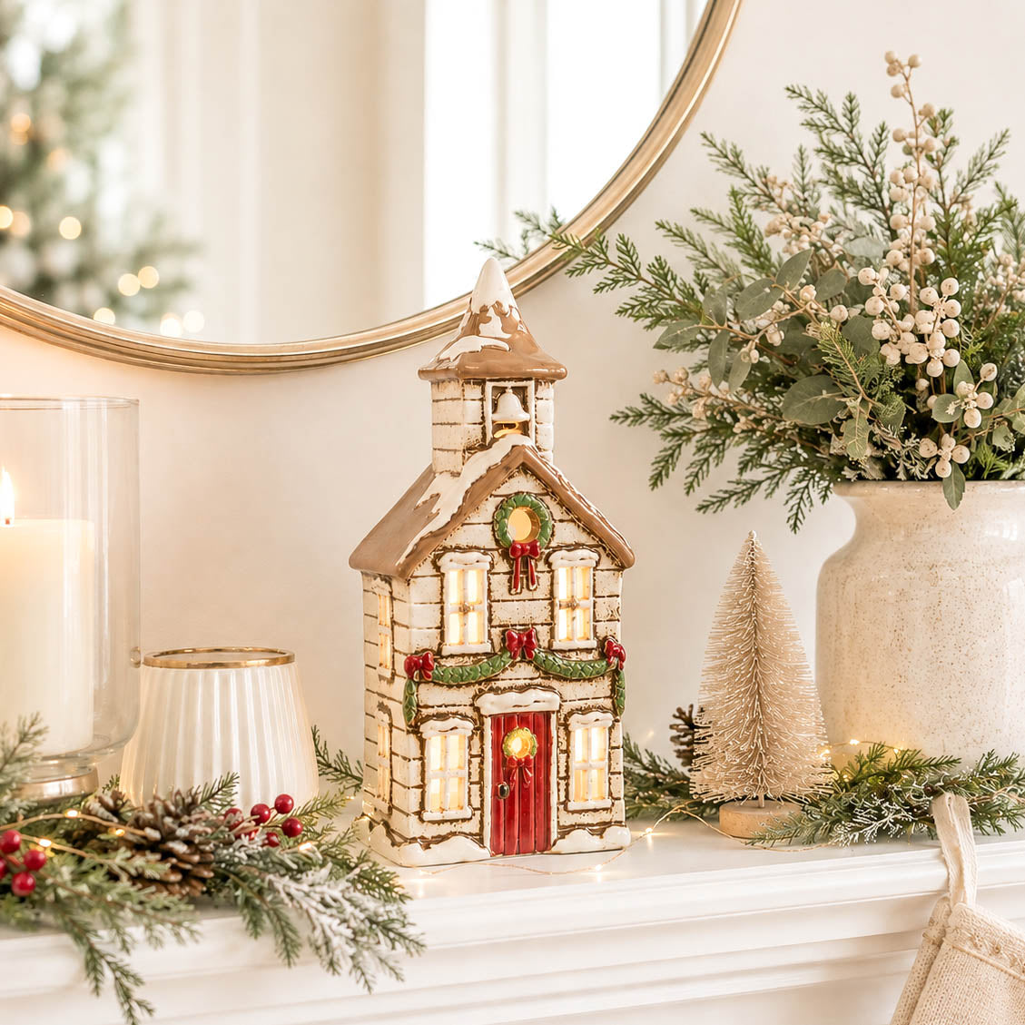 Cream Bell Tower Festive Tealight House