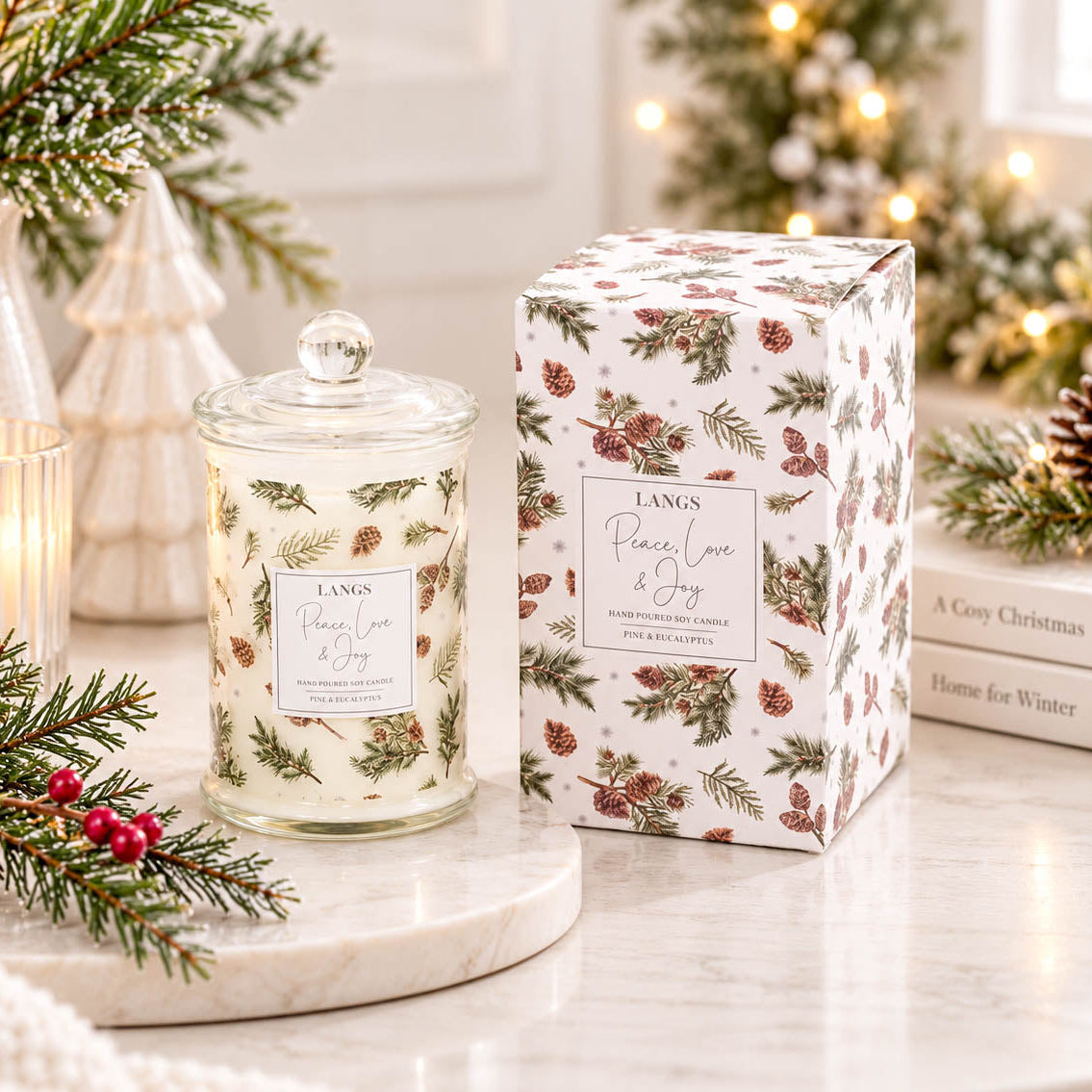 Peace Love & Joy Pine & Eucalyptus Scented Jar Candle