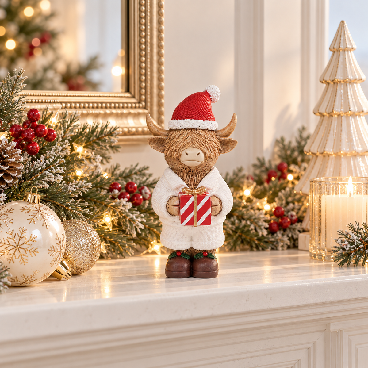 Christmas Pyjama Highland Cow with Santa Hat