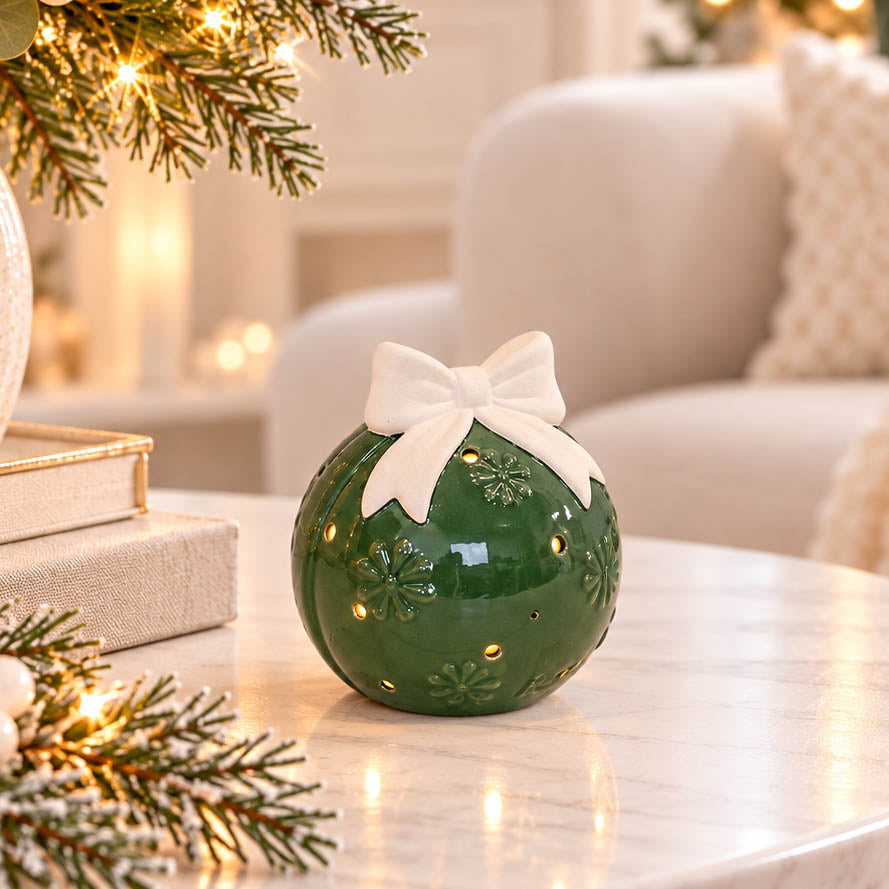 Forest Green Ceramic LED Bauble with Bow Small