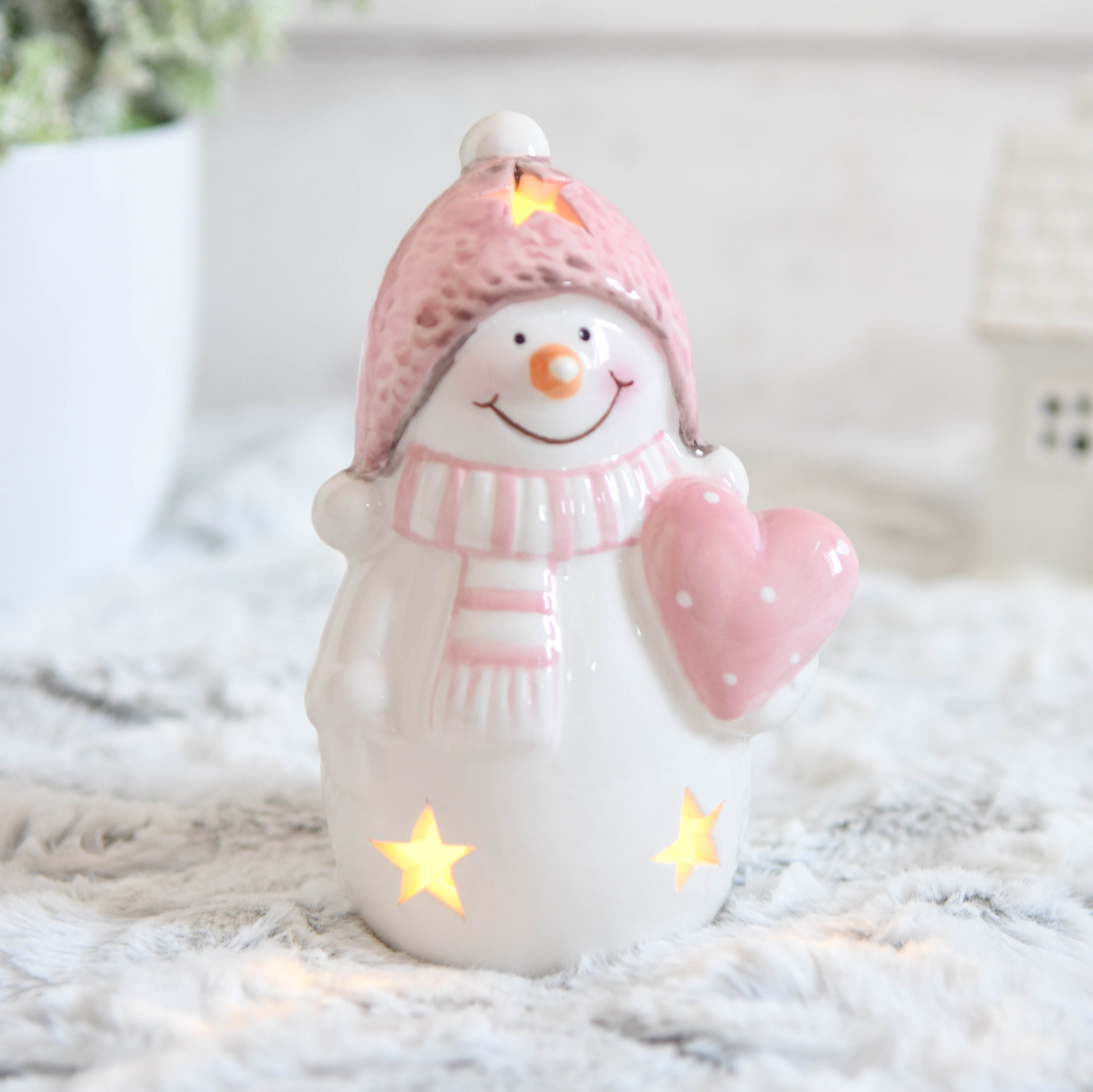 Pastel Pink Snowman with Heart LED Ornament