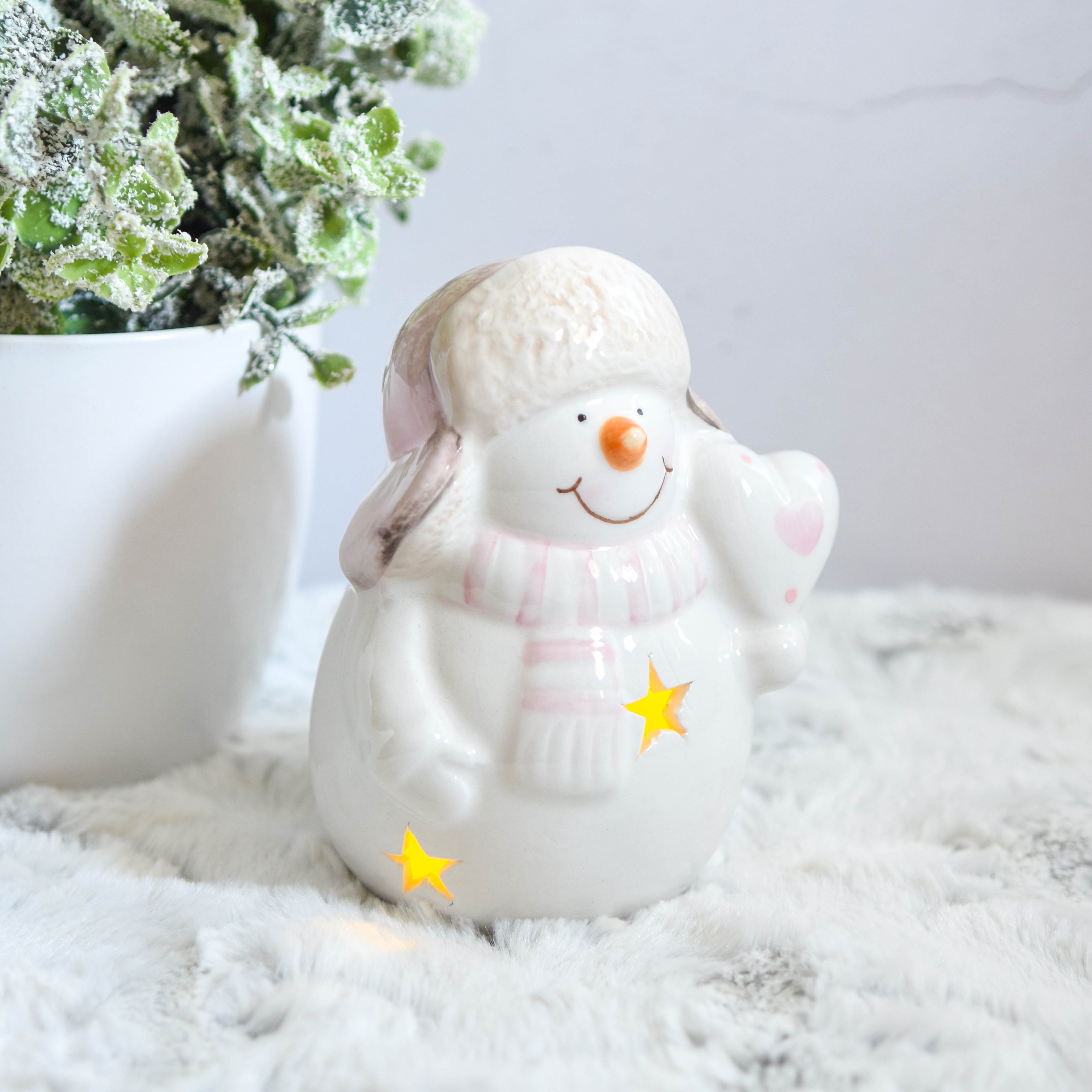 Pastel Pink Jolly Snowman LED Ornament