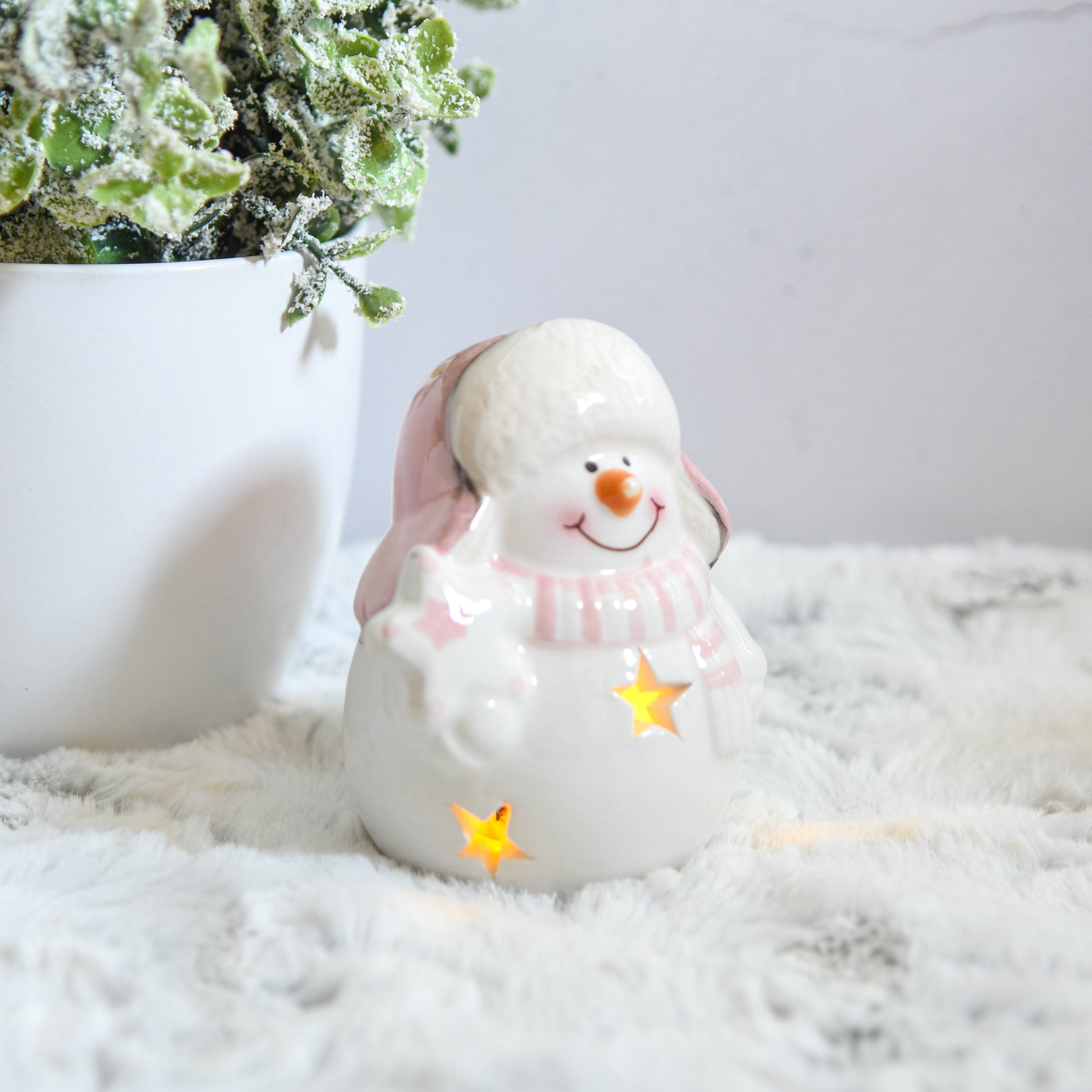 Pastel Pink Jolly Snowman LED Ornament
