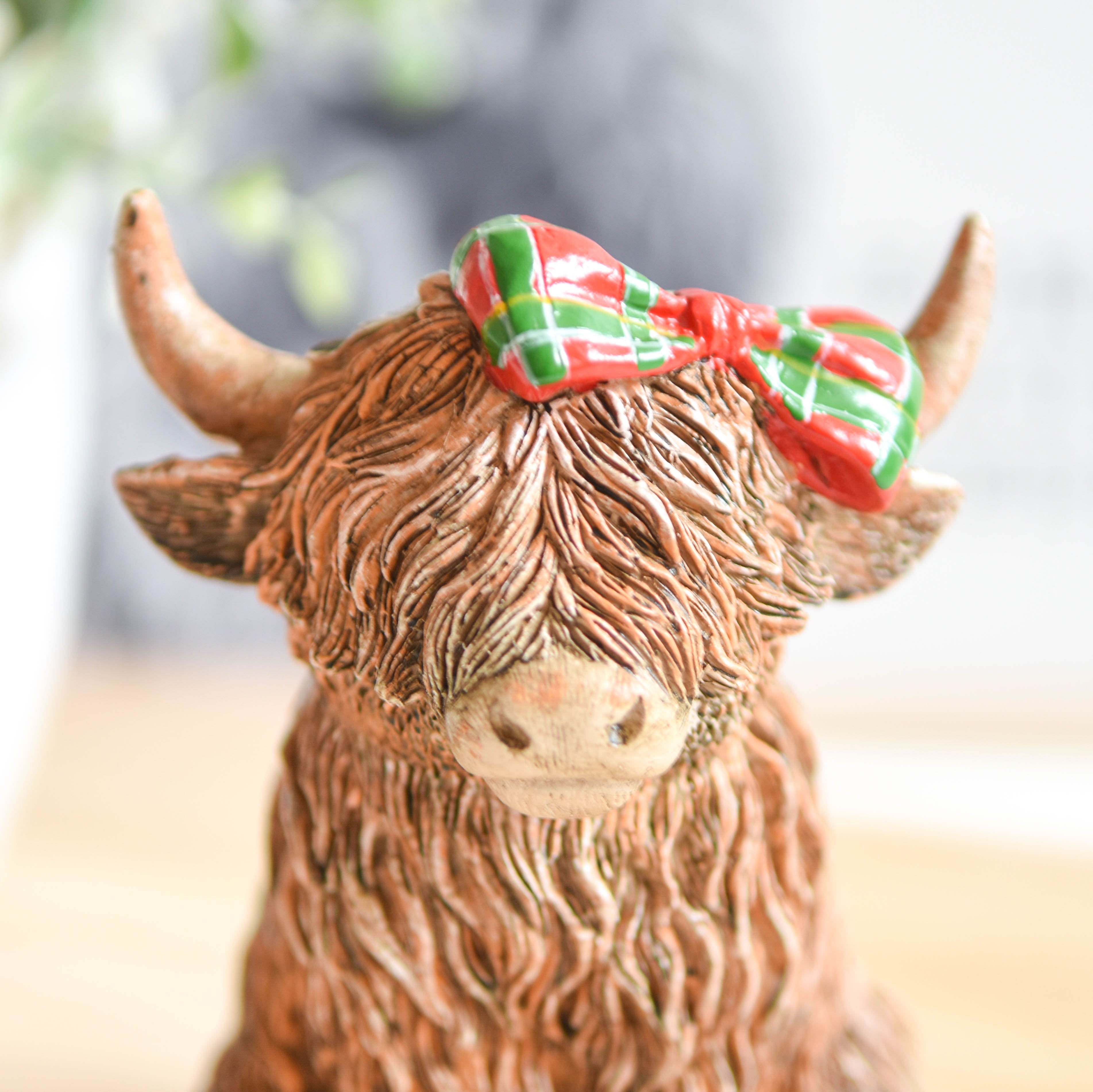 Scottish Tartan Bow Highland Cow Figurine