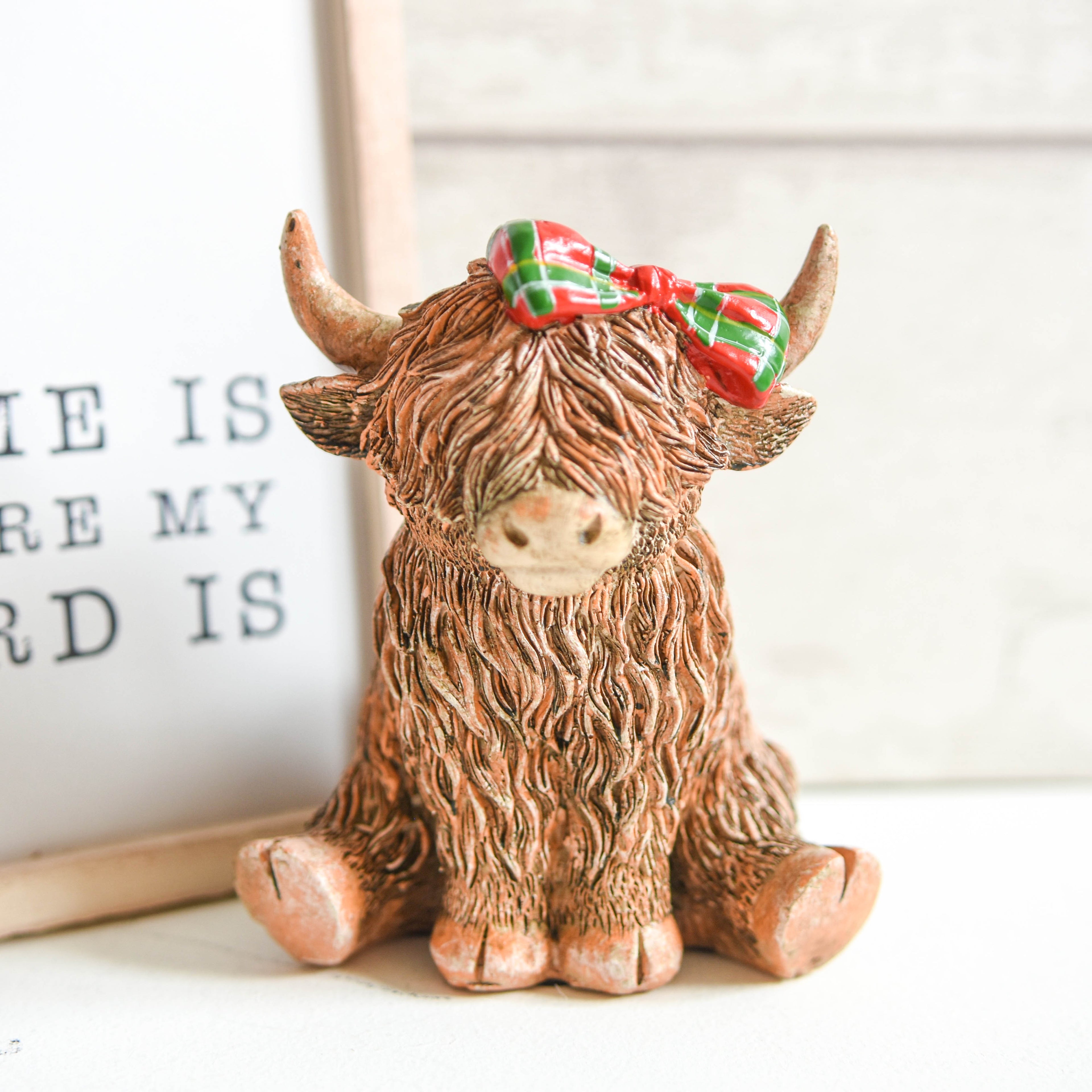 Scottish Tartan Bow Highland Cow Figurine