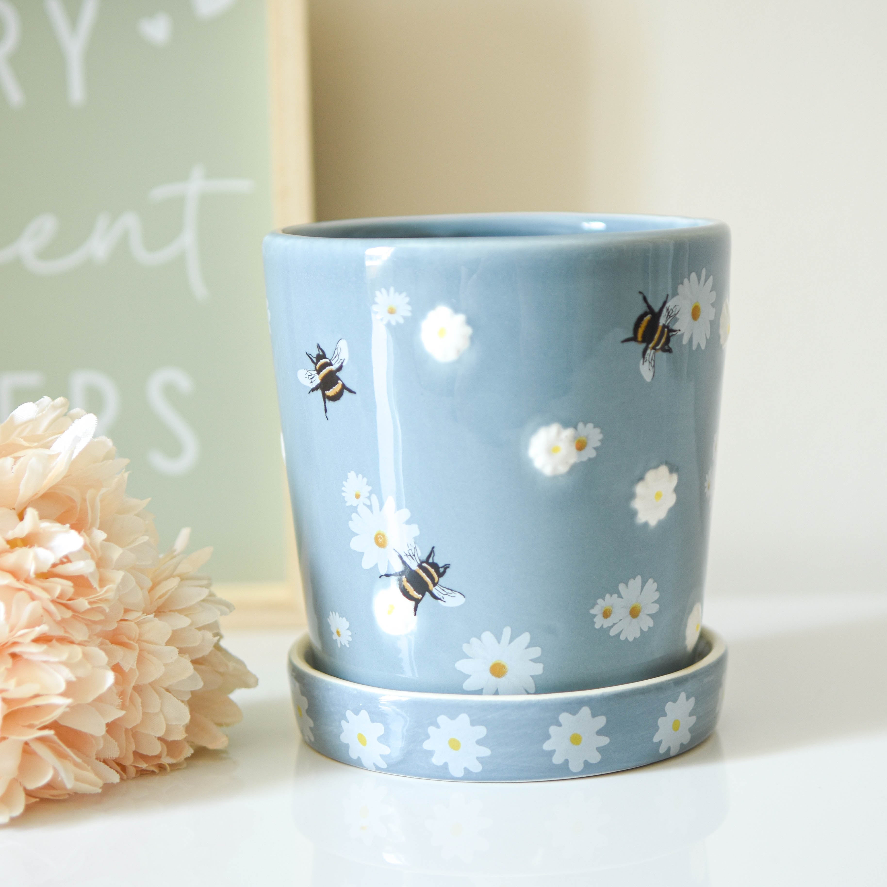 Blue Floral Bee Planter & Tray