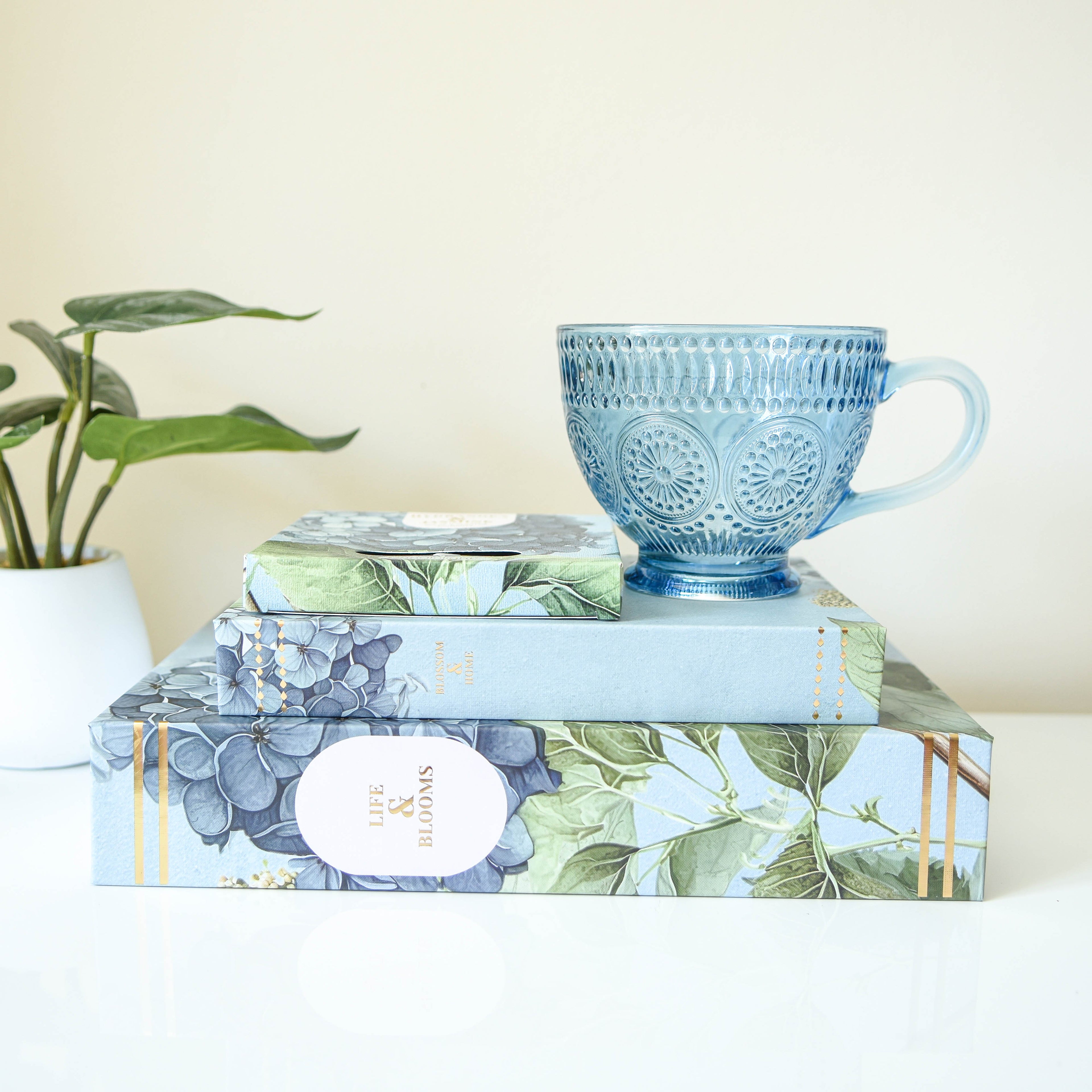 Blue Hydrangea Faux Book Storage Boxes - Set of 2