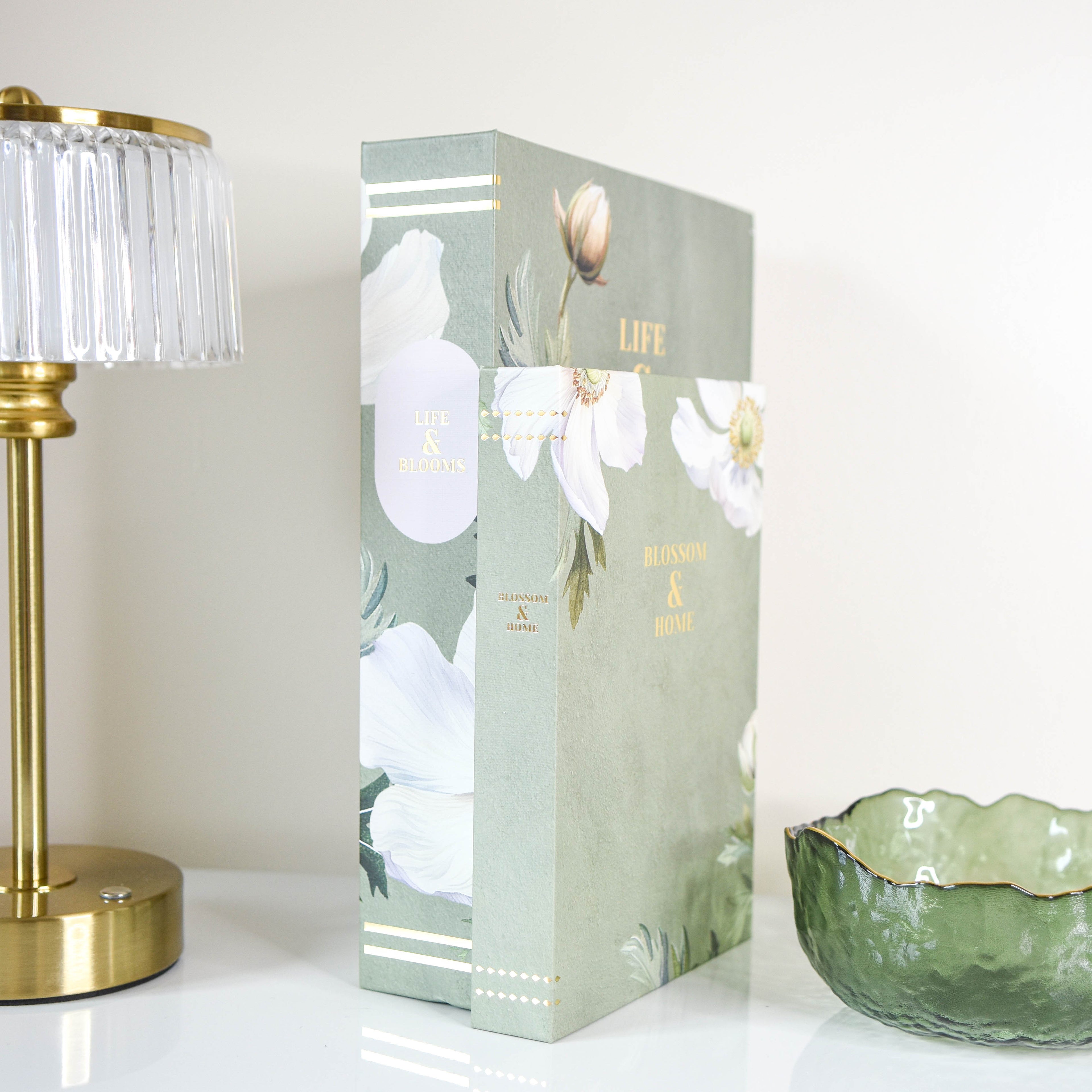White Poppy Sage Green Faux Book Storage Boxes - Set of 2