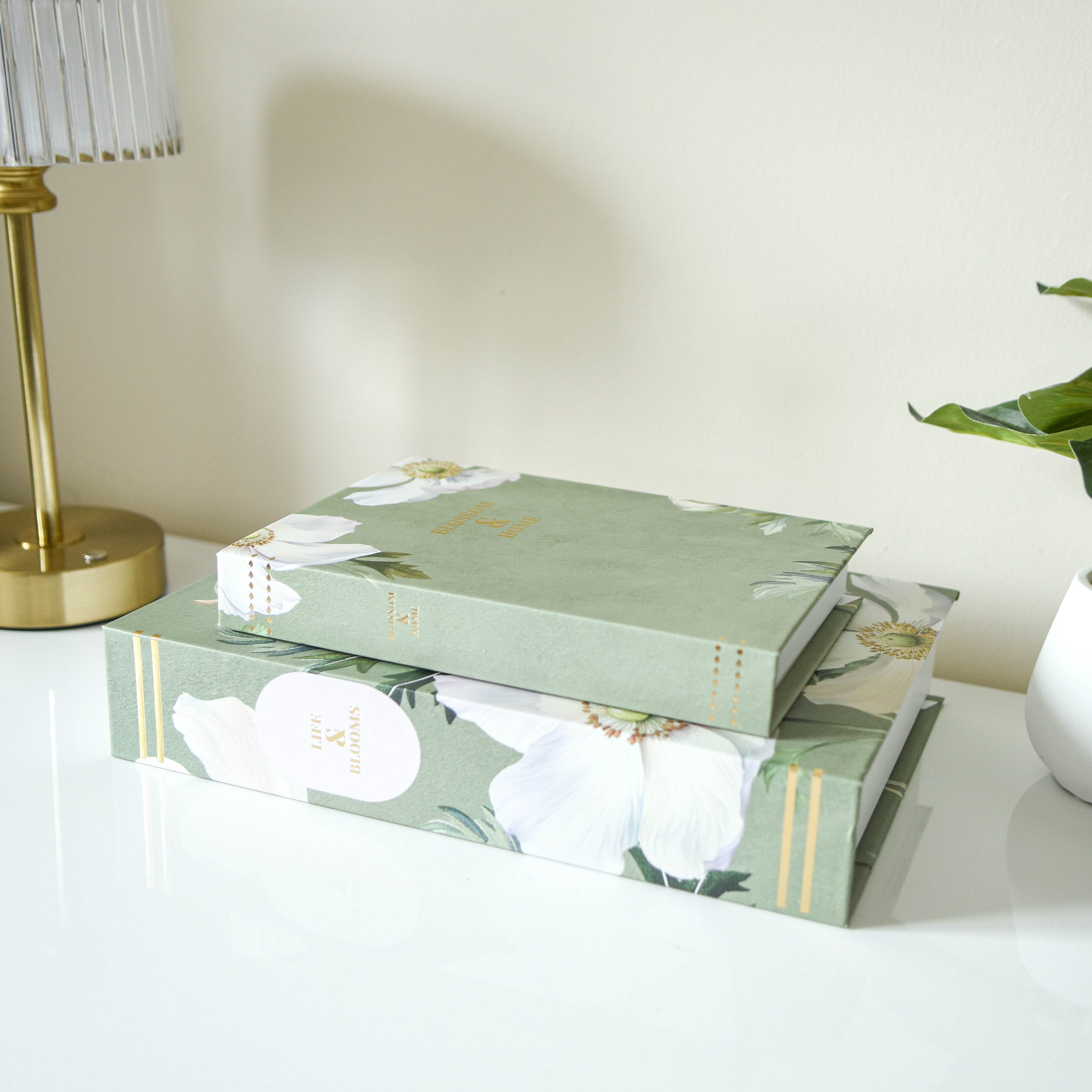 White Poppy Sage Green Faux Book Storage Boxes - Set of 2