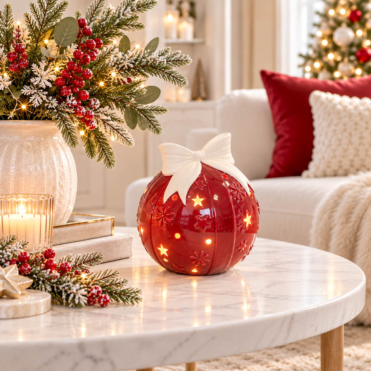 Red Ceramic LED Bauble with Bow XLarge