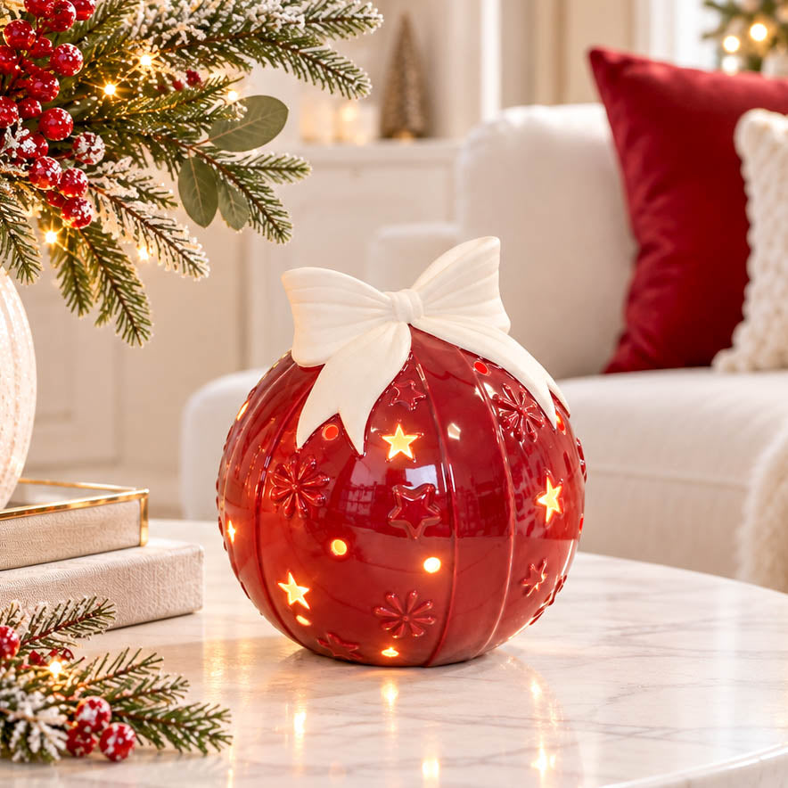 Red Ceramic LED Bauble with Bow XLarge