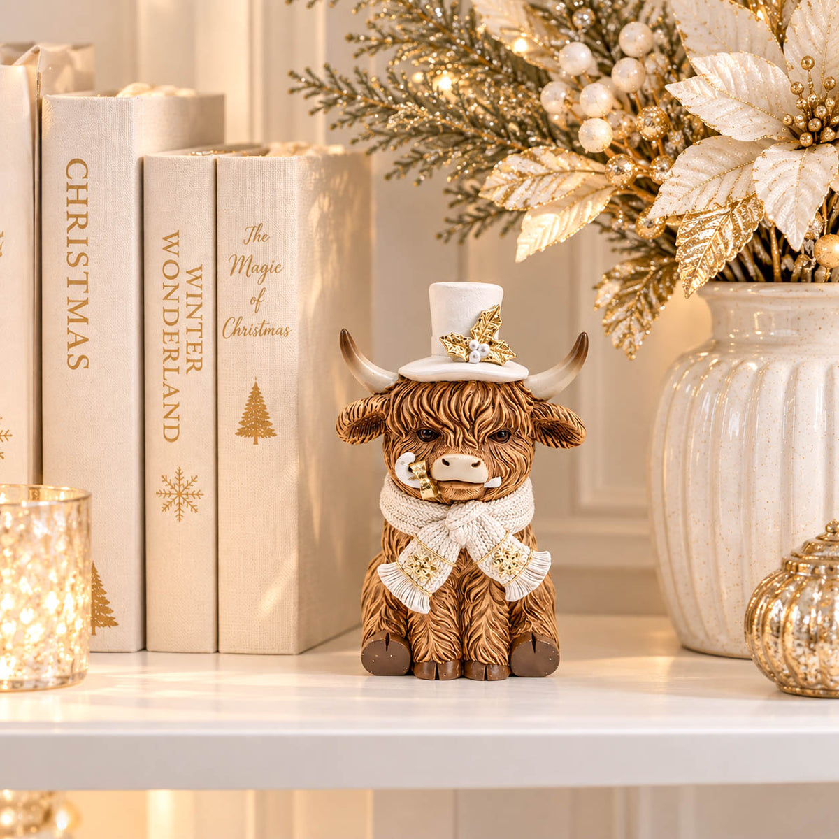 Christmas Highland Cow in Hat & Scarf